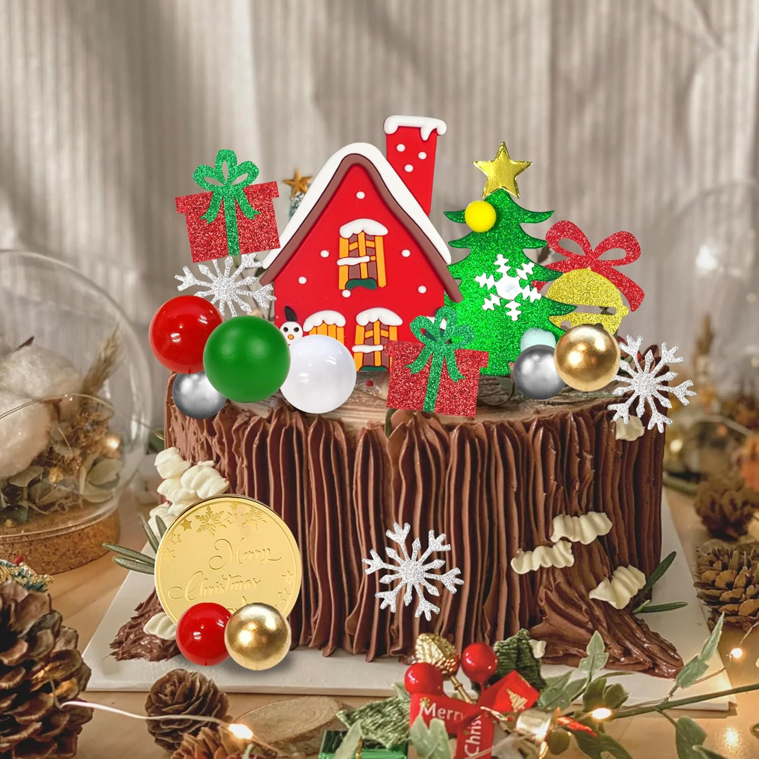 DRWATE 40 PCS Christmas Cake Toppers Merry Christmas Cake Decoration with Colorful Pearl Ball Cake Picks for DIY Cake Insert Decorations Winter Xmas Birthday Party Supplies (Ball) image number 6