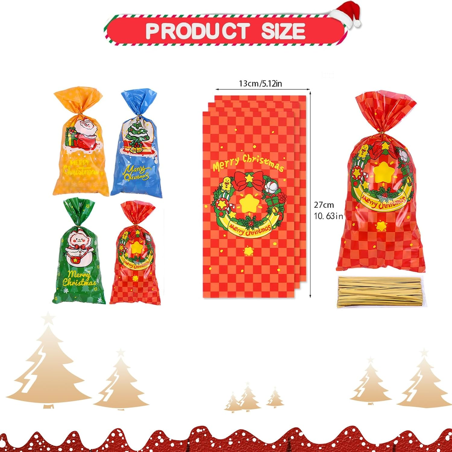 Christmas Treat Bags, 50 Pack Christmas Cellophane Treat Bags, 13 X 27Cm Treat Candy Bags with 50 Pcs Twist Ties for Cookie Goodies Gift Present Wrap Xmas Party Favor Supplies, 4 Styles image number 5