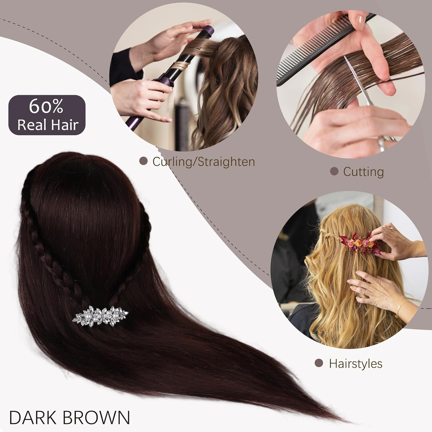 Hair Styling Training Head, 23" Dark Brown Cosmetology Mannequin Head Hairdressing Manikin Doll Head with Clamp & Styling Tools (Brown without Makeup) - Golden image number 6