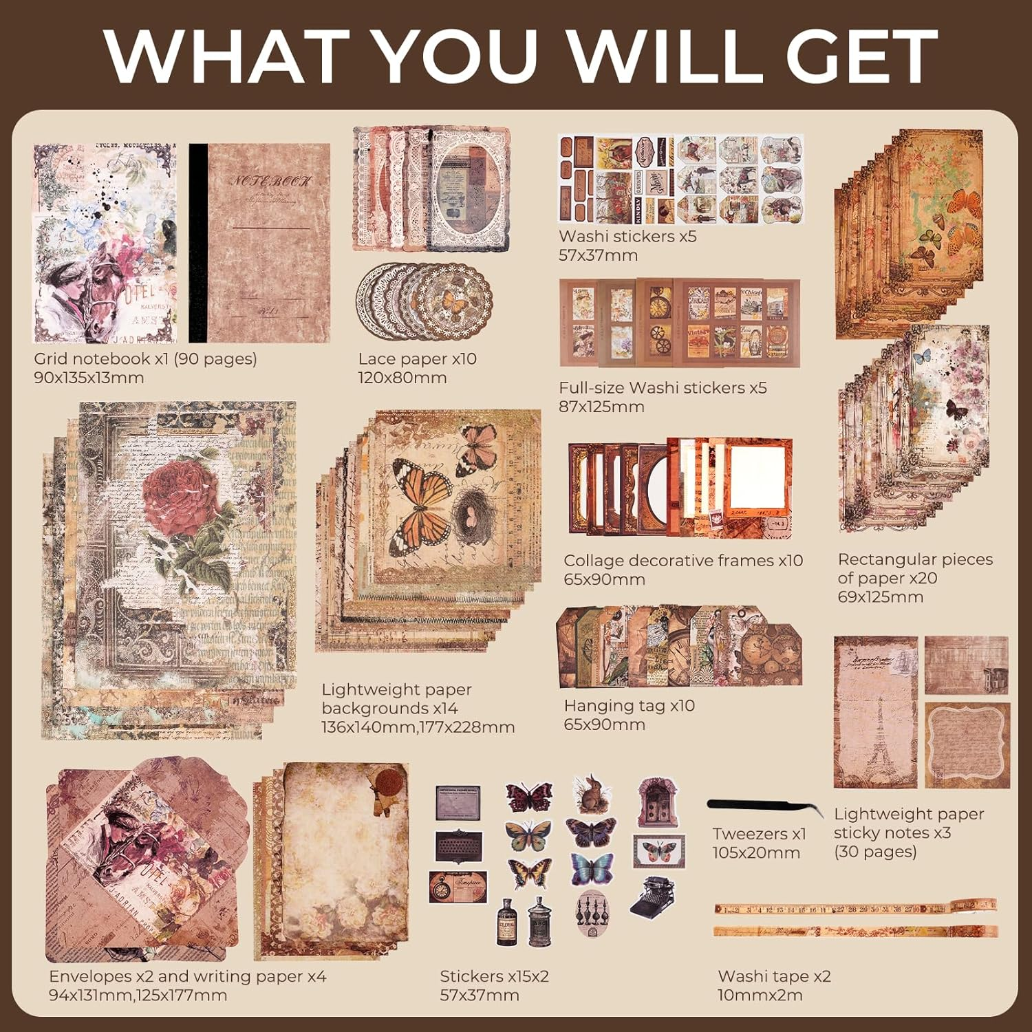 Funto Scrapbooking Kit (202 PCS), Vintage Collection-Wisteria & Butterfly, Perfect for Bullet Scrapbooking Materials, Planner DIY Arts Craft Collage