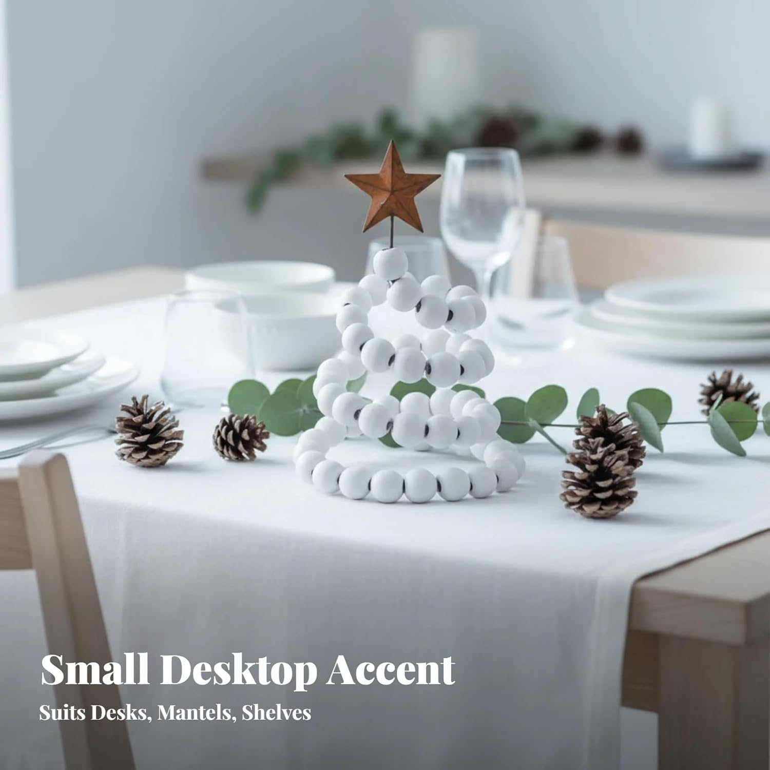 Mini Christmas Tree for Desk, Decorative Wooden Bead Christmas Tree Statue for Party, Star Top Christmas Tree For, White, as Described image number 3
