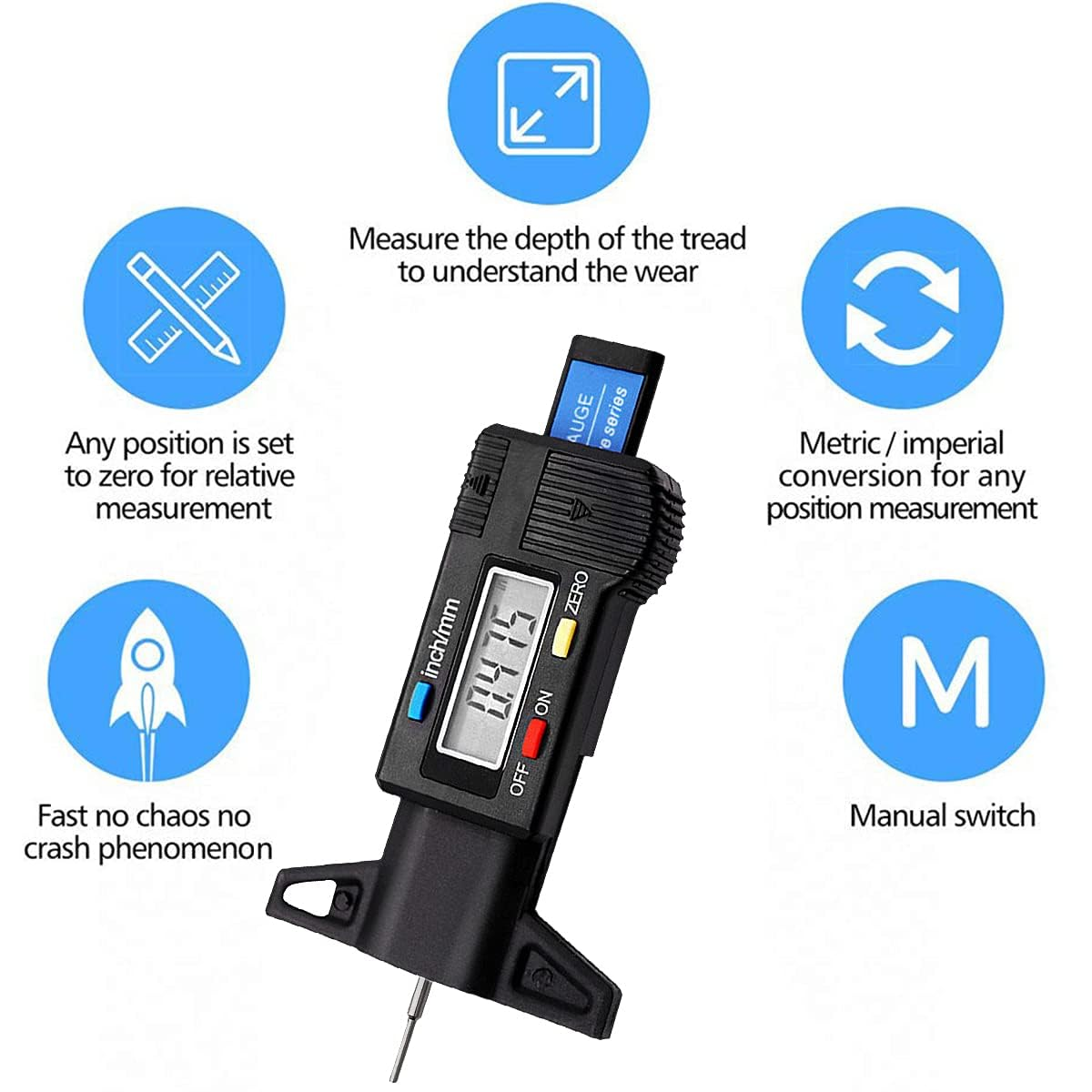 Tire Tread Depth Gauge, Digital Tire Tread Depth Gauge LCD with Inch and MM Conversion of 0-0.98 Inches, Tread Checker Tire Tester for Cars Motorcycle Trucks Vans SUV (Black) image number 1