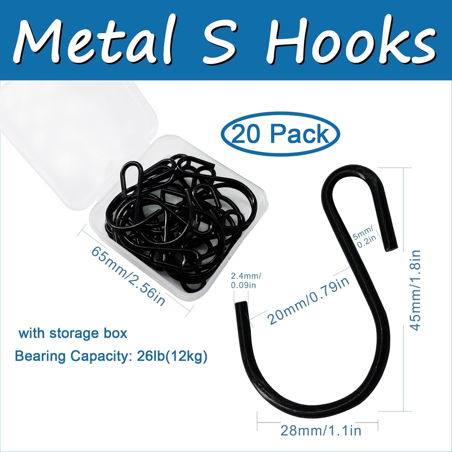 1.8 Inch S Hooks Small S Shaped 20 Pack Black Kitchen Hooks Hanging Clothes Plants Mini S Hooks Heavy Duty image number 5