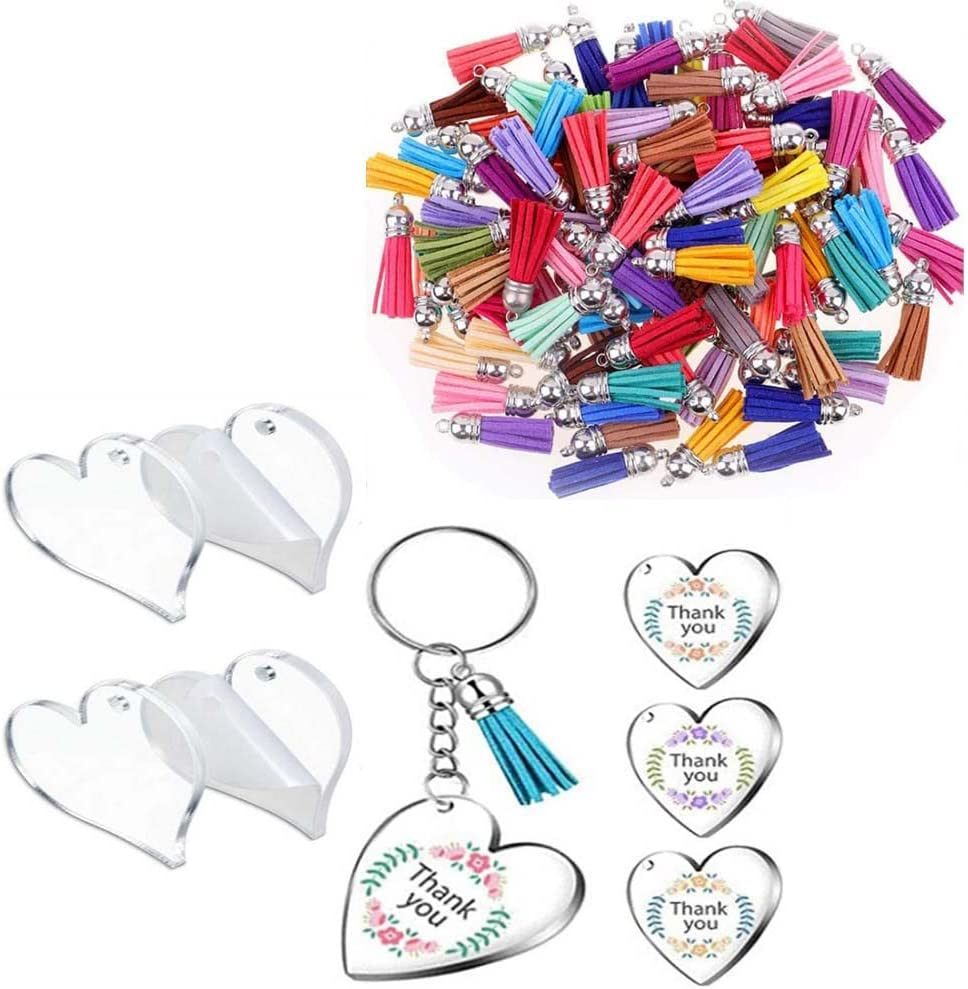 90Pcs Acrylic Discs Clear Heart Keychain Blanks Charms and Colourful Tassel Key Rings for DIY Crafts Jewelry Making image number 3
