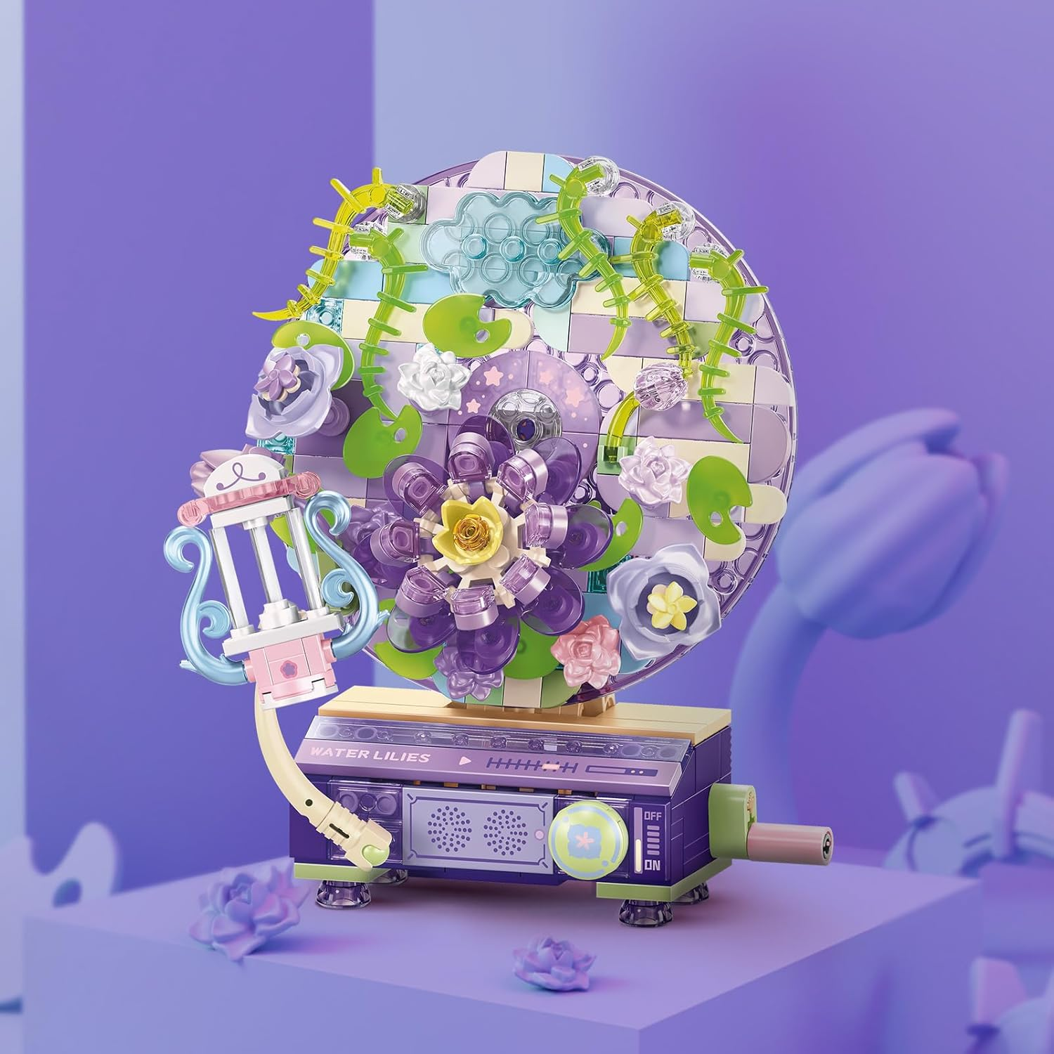 Music Box Botanical Collection Building Block Set,Artificial Flowers Record Player,Water Lilies,Best Gift on Chrismas,Valentine'S Day,Diy Stem Toy for Boys & Girls 6+(367 Pcs) image number 4