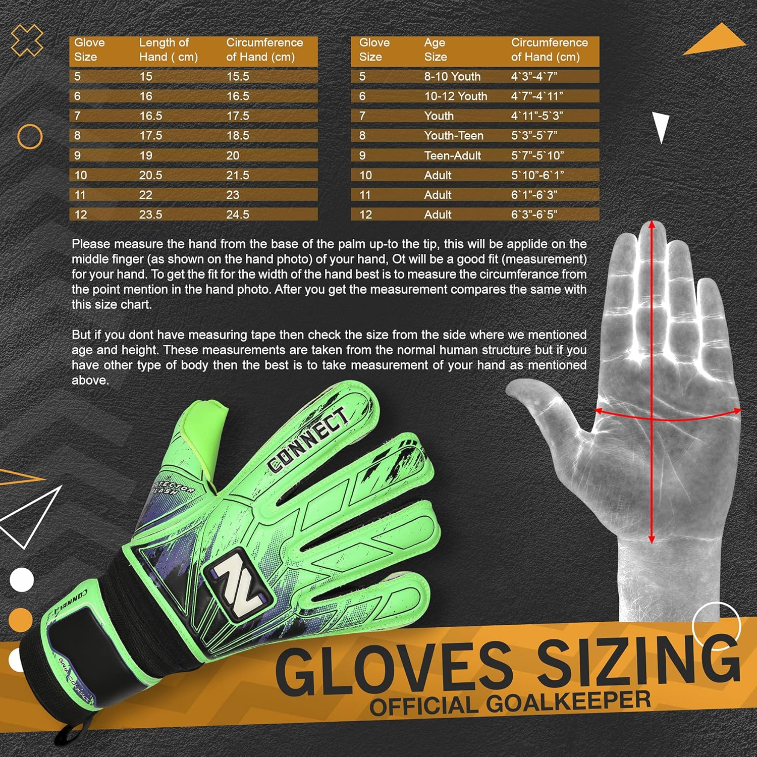 Connect Goalkeeper Gloves Premium Grip, Goalkeeper Gloves Kids, Youth & Adult, Football Gloves with Finger Support, Goalie Gloves, Goalkeeping Gloves Size 4/5/6/7/8/9/10 image number 2