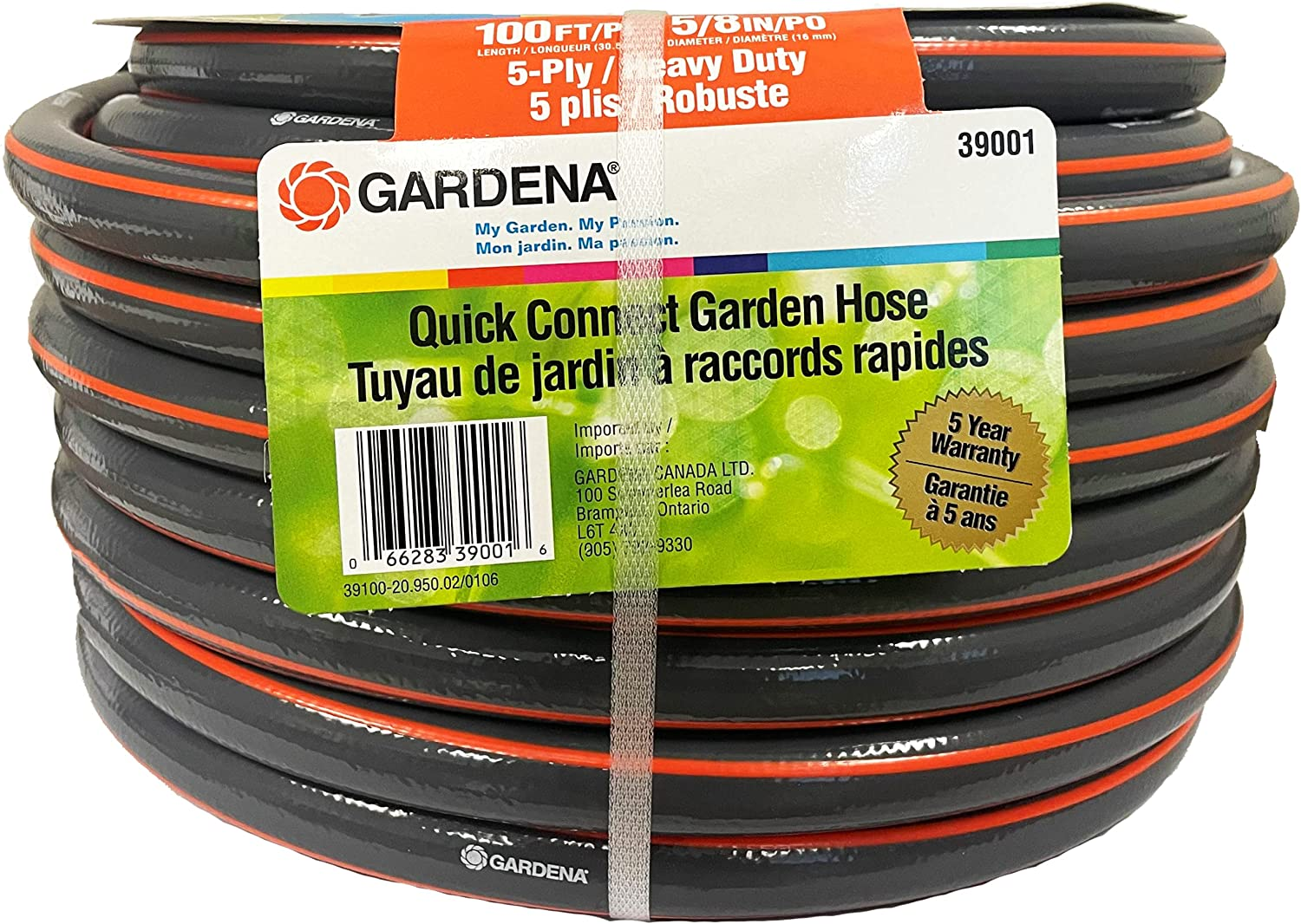 Gardena (39100) 100 Foot 5/8 Inch Heavy-Duty Quick Connect Hose, Heavy-Duty 5-Ply Design, Includes Quick Connectors and Adadpters, Kink-Resistant image number 1