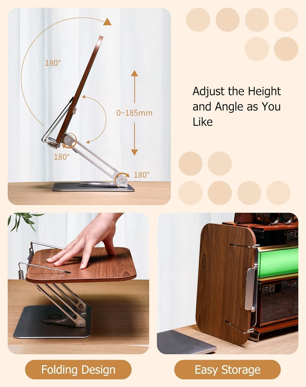 Desktop Book Stand for Reading Adjustable Book Holder with 360&deg; Rotating Base & Page Clips, Foldable Desktop Ricer for Cookbook,Sheet Music,Laptop,Recipe,Textbook,Hands Free,Aluminium image number 6