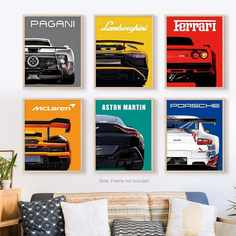 ZIENVE Car Posters Supercar Wall Art Prints, Set of 6 Vintage Racing Car Pictures Canvas Wall Art Room Bedroom Decor, 20 X 25Cm Unframed