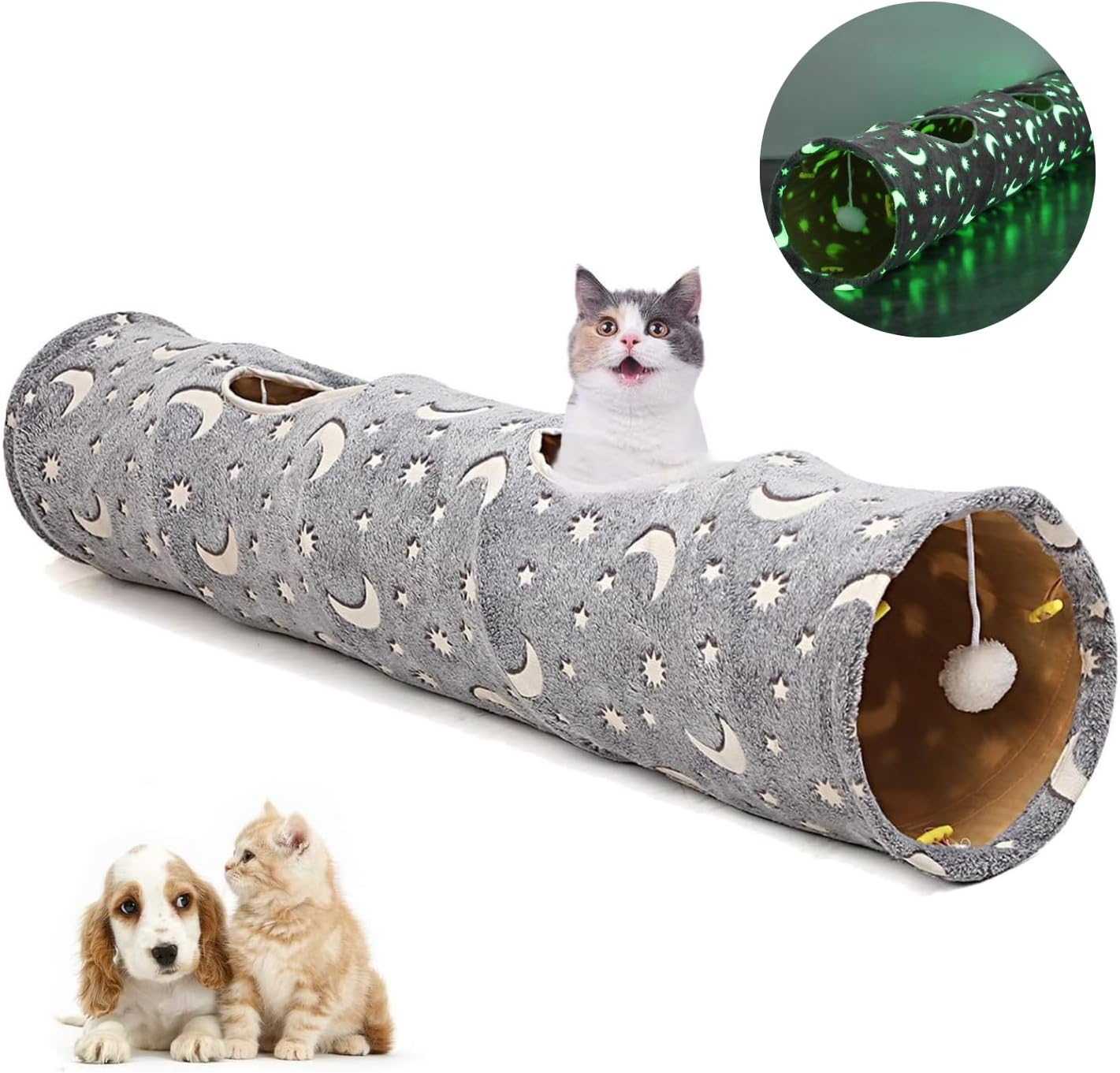 Cat Tunnel with Plush Ball, Self-Luminous Cat Toys for Indoor Cats, Interactive Cat Tunnel Toy, Cat Tunnels for Indoor Cats, for Kittens, Rabbits, Ferrets, Puppies and Small Dogs, Grey Moon Star image number 4