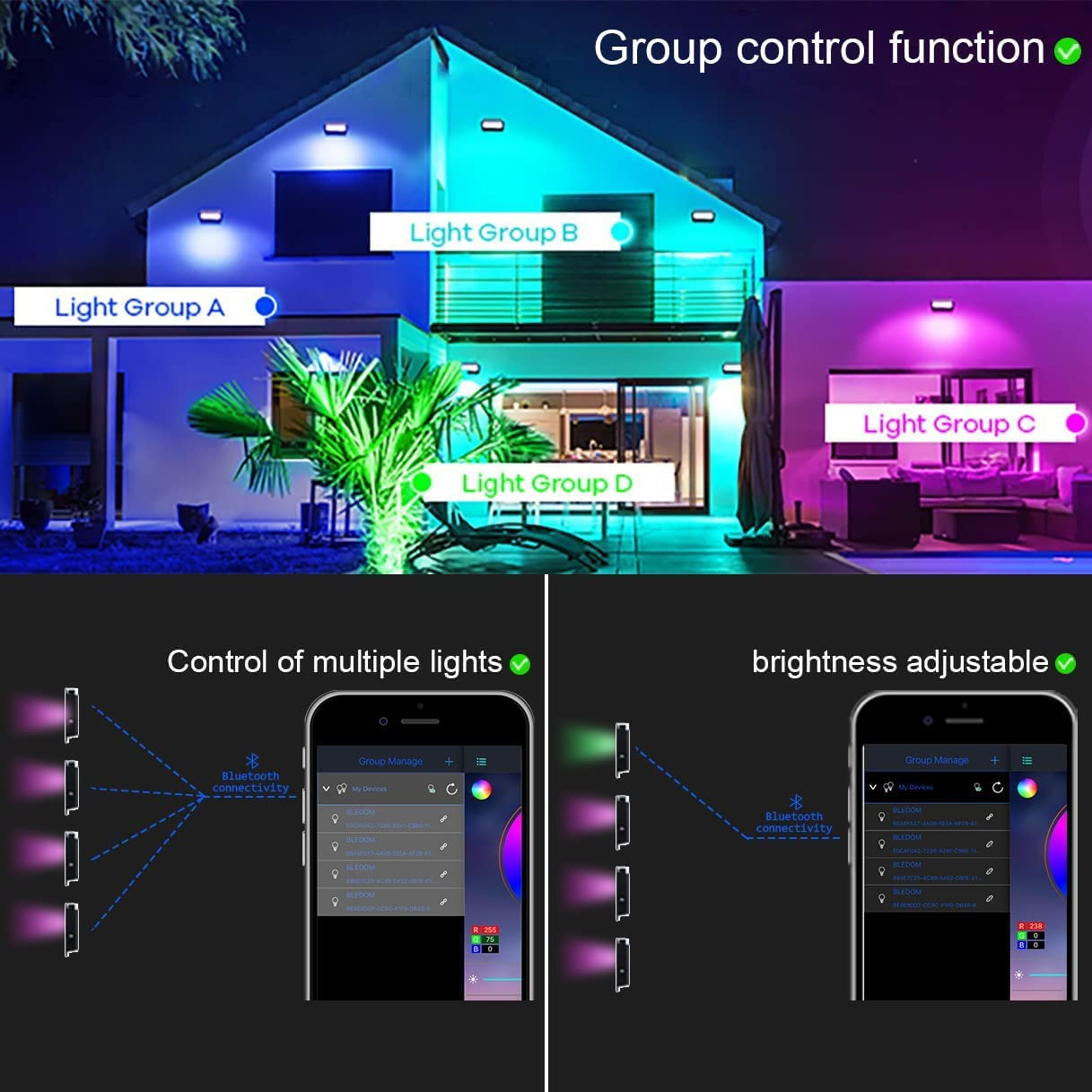 2 Pack RGB LED Flood Light, 60W Outdoor Colour Changing Flood Lights IP66 Waterproof App Control 16 Million Colours RGB Floodlight for Garden Stage Lighting Christmas image number 3