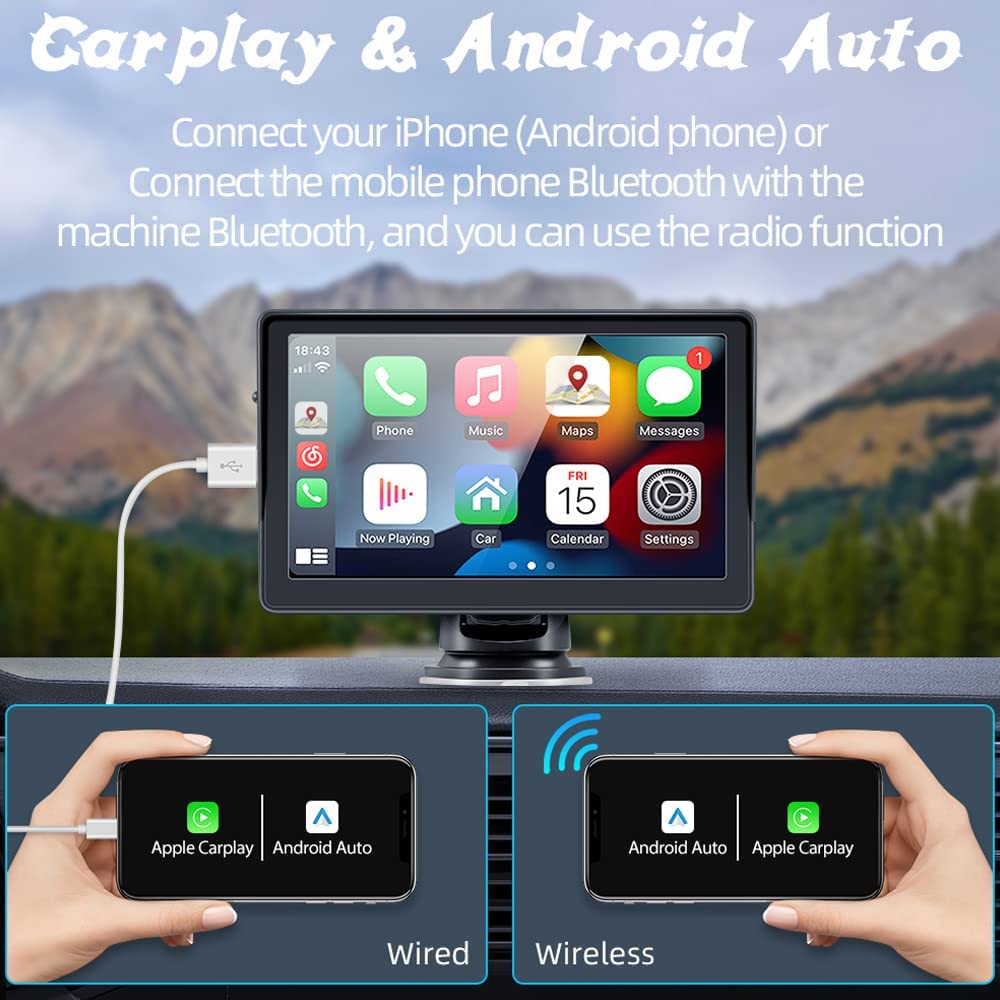 Portable Wireless Apple Carplayer & Android Auto 7 Inch Car Monitor Radio for All Cars Dashboard Mounted Car Stereo Support Bluetooth 5.0 Mirror Link FM Transmitter USB TF image number 2