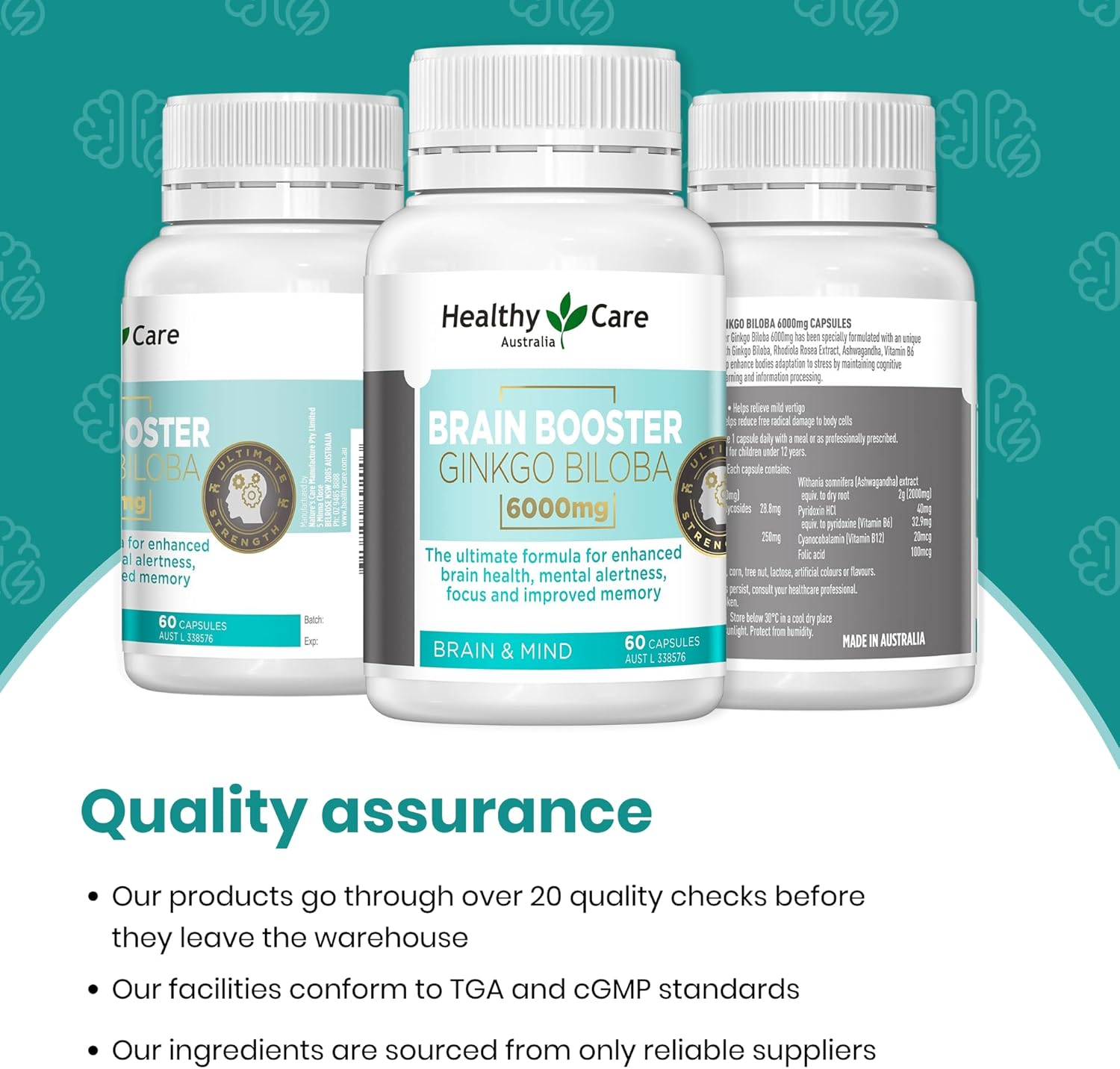 Healthy Care Brain Booster Ginkgo Biloba Capsules - Enhances Mental Alertness and Memory - Premium Dietary Supplement - All-Natural Ingredients - 60 Capsules - 6000 Mg