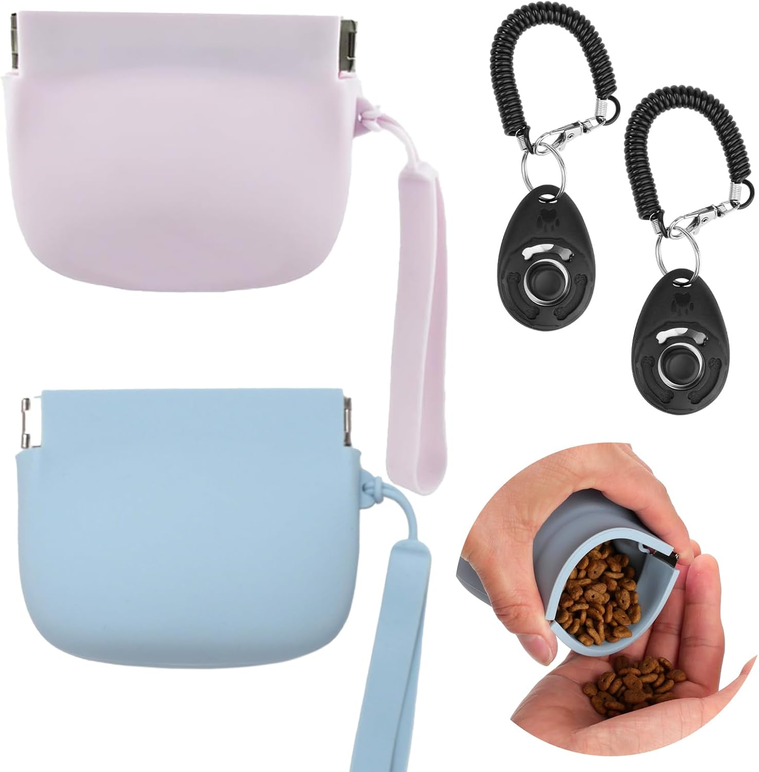 Daigoo 2 Pcs Silicone Dog Treat Pouch Portable Pet Snack Pouch for Dog and Cat, Auto Closure, with Pet Training Clicker, Pocket Size,Easy to Clean,Odorless for Pet Travel Use