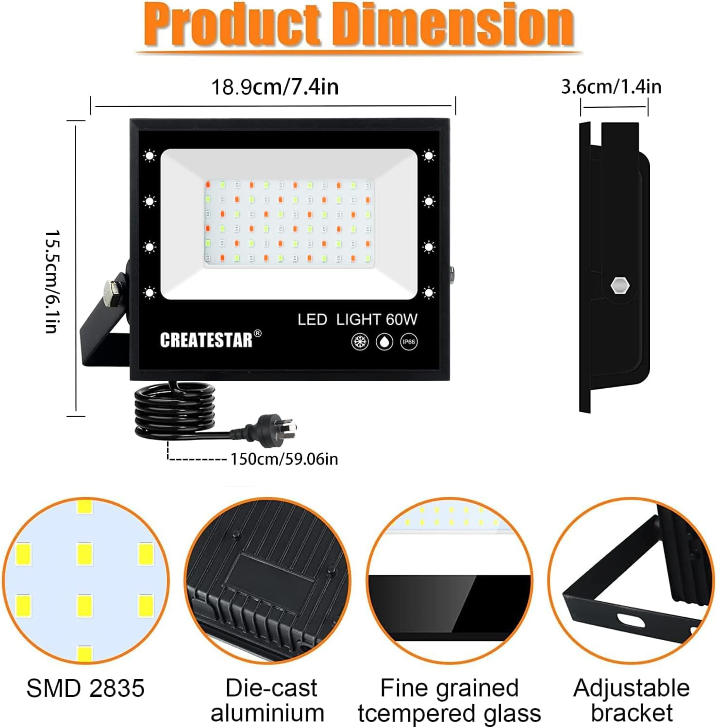 2 Pack RGB LED Flood Light, 60W Outdoor Colour Changing Flood Lights IP66 Waterproof App Control 16 Million Colours RGB Floodlight for Garden Stage Lighting Christmas image number 6