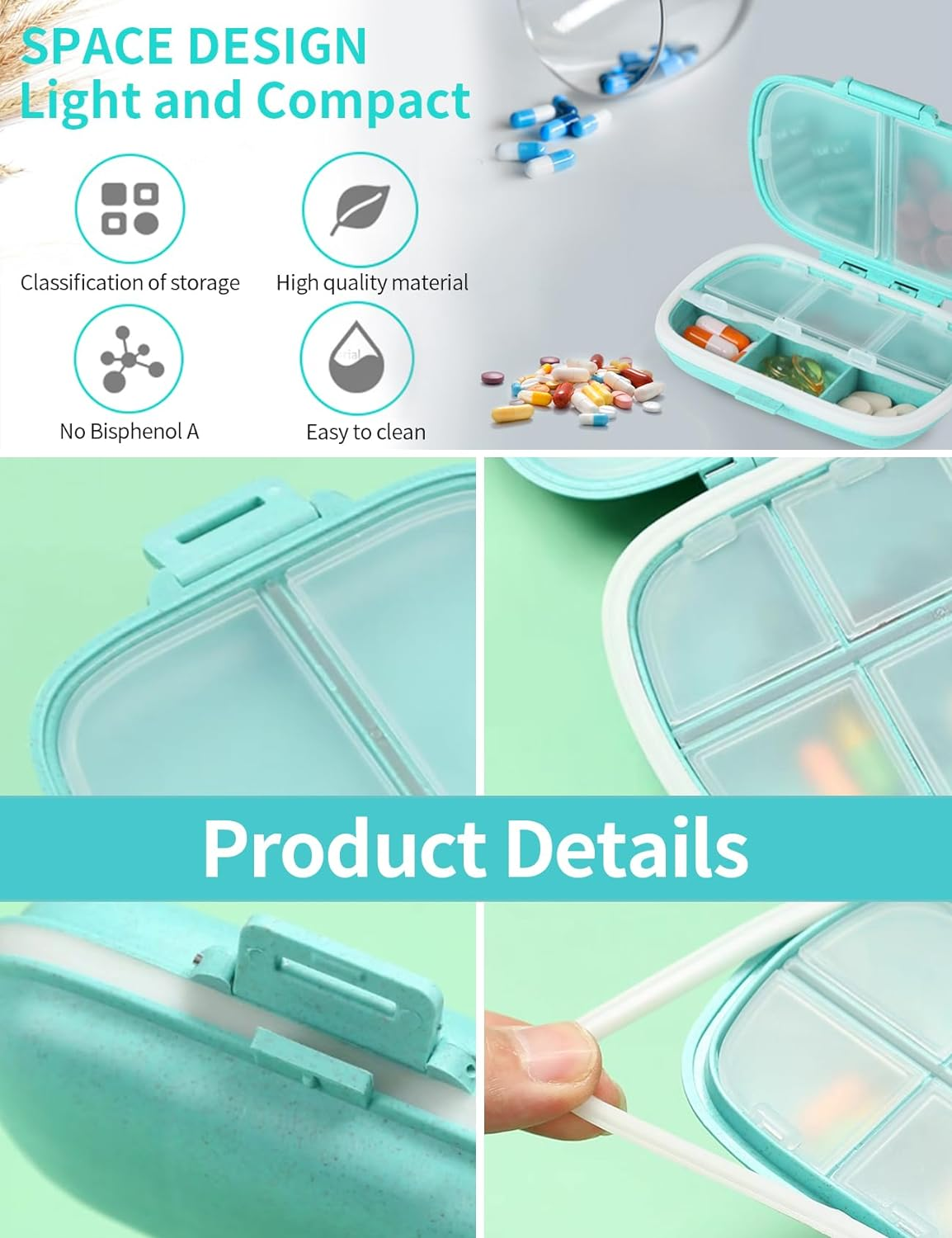 2 PCS Travel Pill Organizers, Daily Pill Organizers, 8 Compartments Portable Pill Cases, Pill Box to Hold Vitamins Cod Liver Oil, Small Pill Box for Pocket Purse Medicine Container Beige (Pink) image number 5