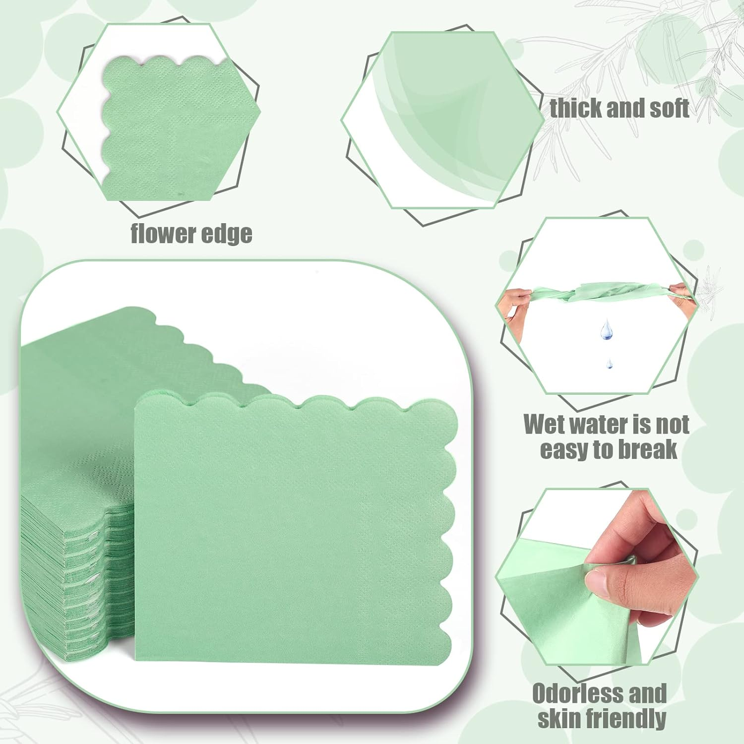 SAVITA 100Pcs New Sage Green Napkins, 10X10 Inch Scalloped Sage Green Paper Cocktail Napkins Disposable Party Sage Napkins for Wedding Birthday Party Dinning Supplies