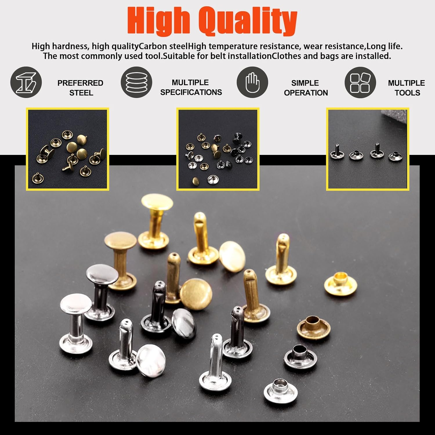 Tanstic 365Pcs Leather Rivets Kit, 3 Sizes 4 Colors Double Cap Rivets Flat Tubular Metal Studs with Rubber Hammer and Setting Tool Kit for Leather Craft Repair Decoration(Silver/Gun Black/Bronze/Gold) - A Kit image number 3