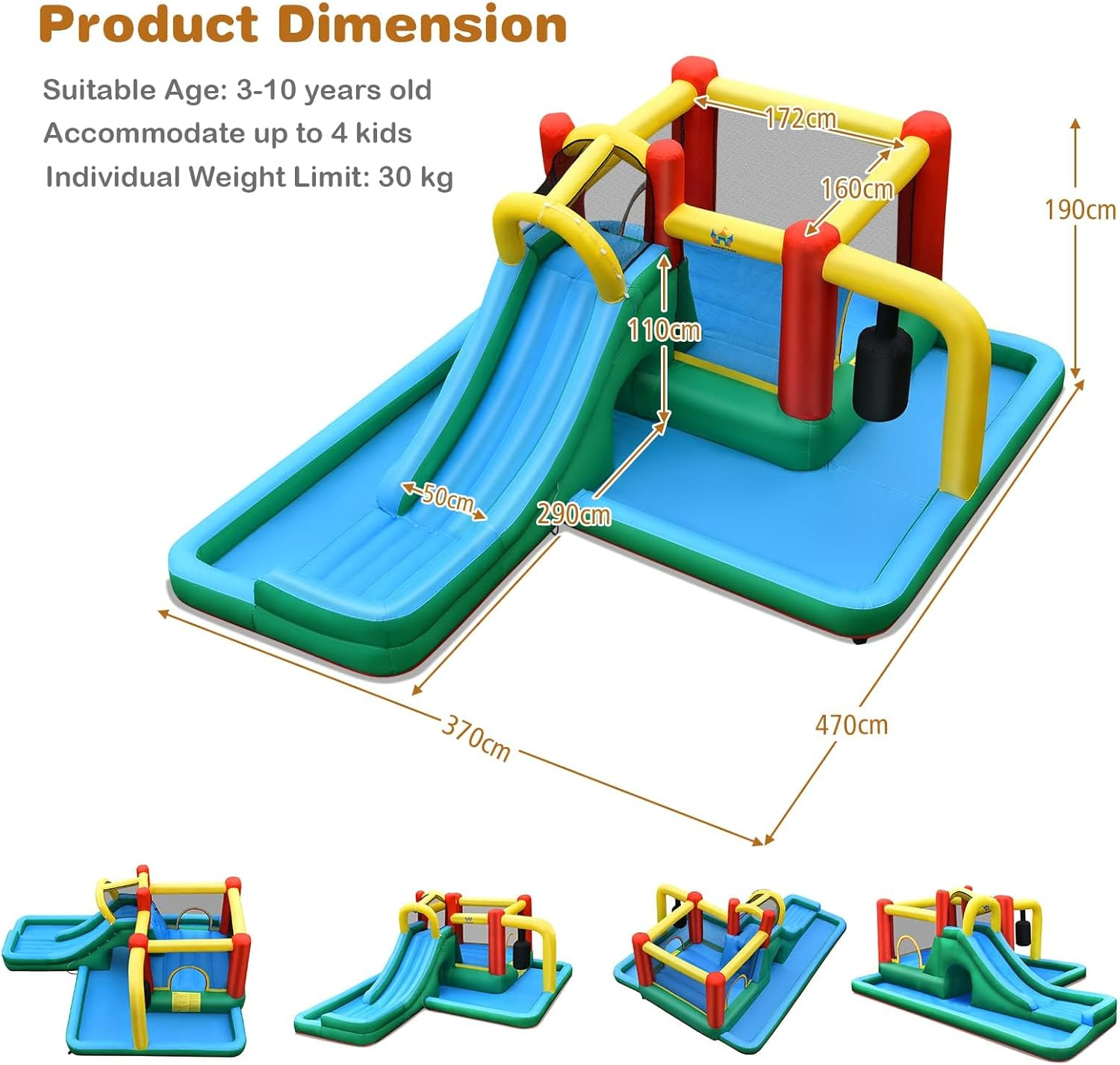 HONEY JOY Inflatable Water Slide, 6-In-1 Kids Water Slide Jumping Bounce House, Inflatable Pool with Slide, Climbing Wall, Tunnel, Pendulum, Blow up Water Slides for Backyard (Without Blower) image number 4