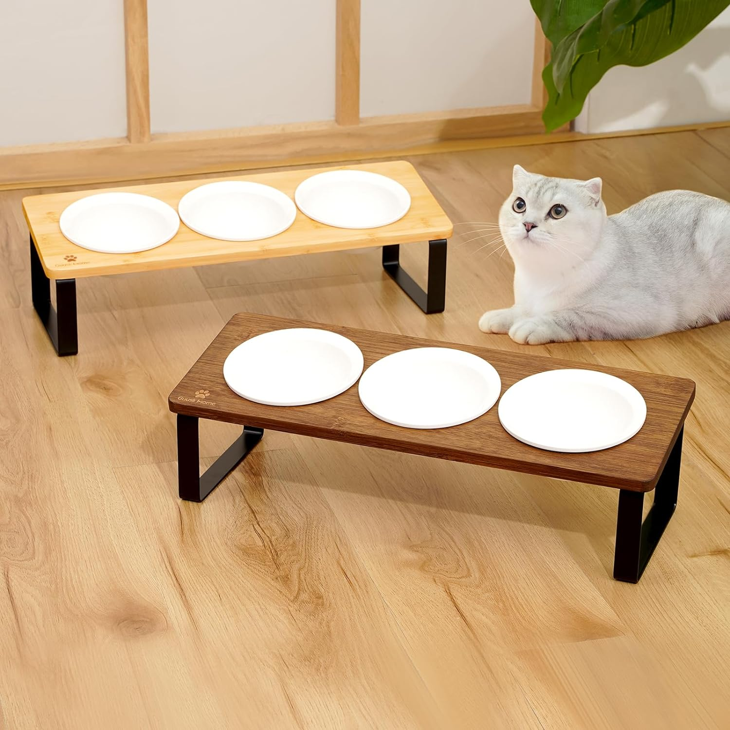 Sunhoo Raised Cat Food Water Bowl Elevated Tilted Kitty Dishes Set of 3 Ceramic Dish for Indoor Cats Orthopedic Pet Food Stand Reduces Vomiting 3 Bowl Cat Feeder Easy Assembly(Wood Color) image number 1
