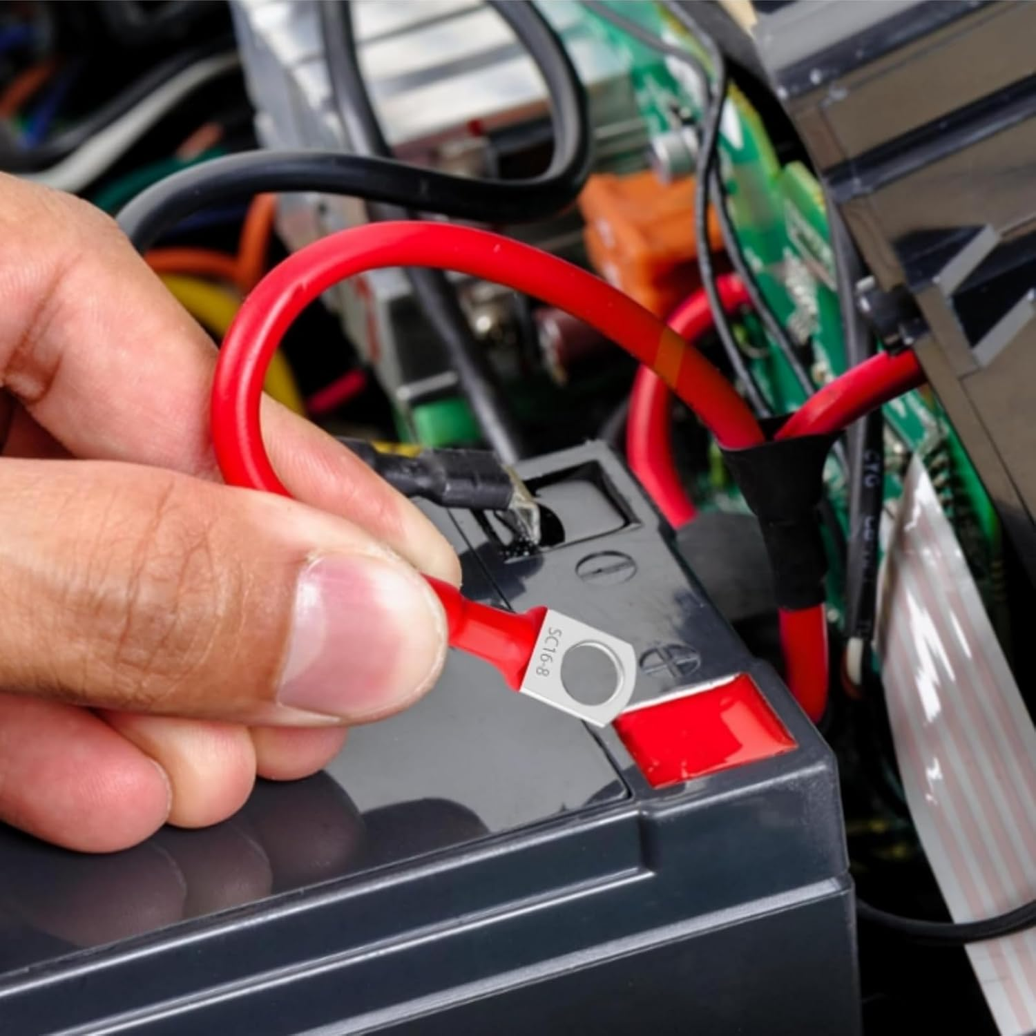 2PCS 3/8" M10 Battery Cable Set,50Cm 5AWG Copper Power Inverter Cables with Terminals for Car, Vehicle, RV, Solar Application and More(Red+Black image number 1