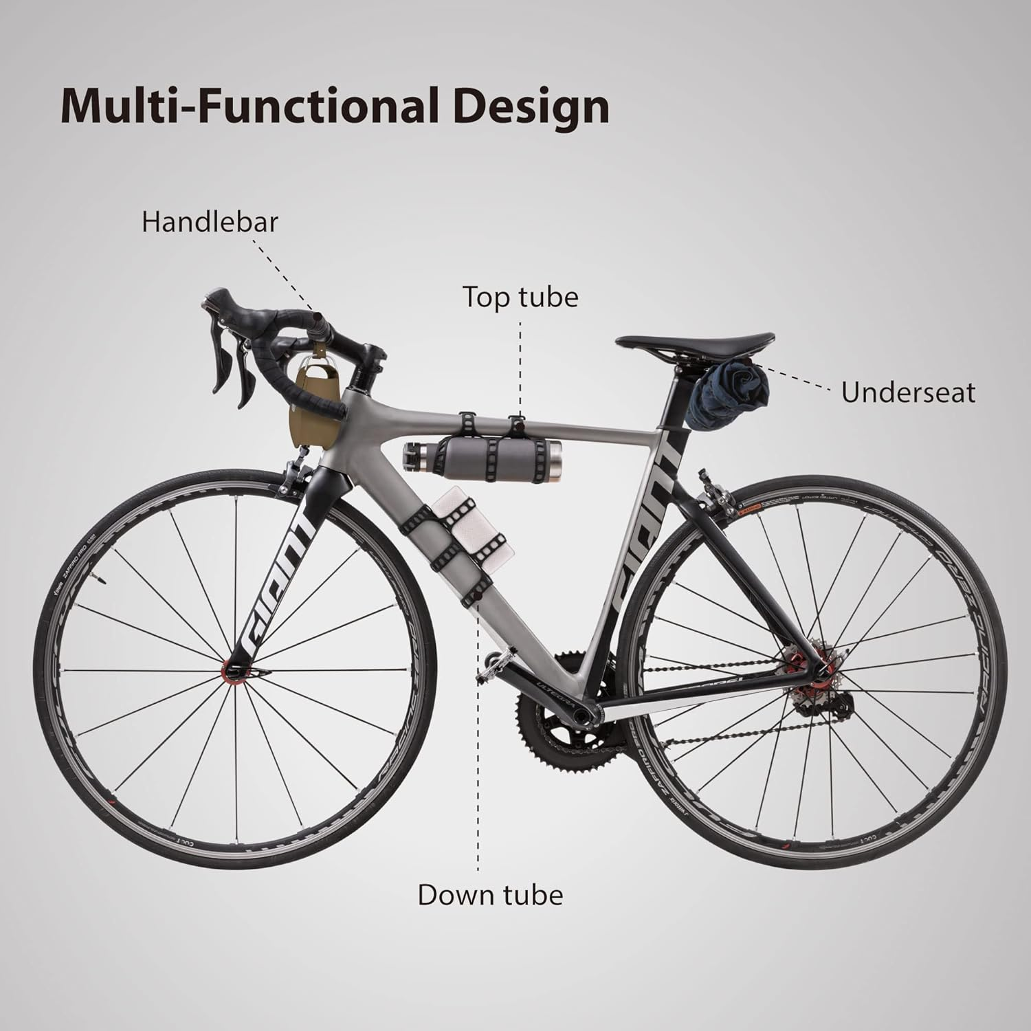 BONE Universal Top Tube Handlebar Holder for Waterbottle, Raincoat, Music Speaker - Cycling Accessories for Mountain Road Bike, Camping - Fits Diameters 22-88Mm - Bike Strap Plus image number 1