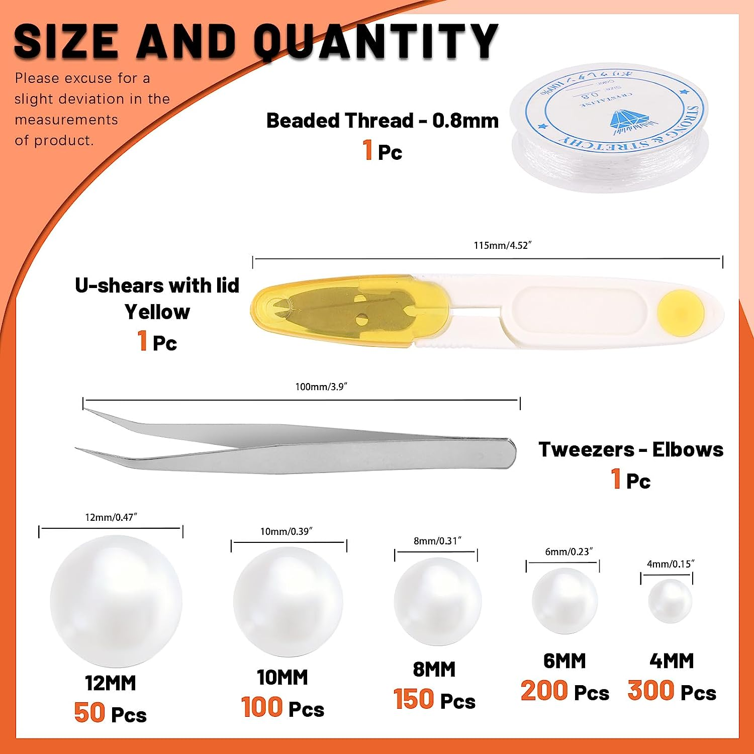 Tanstic 803Pcs White Pearl Beads Kit, 4Mm 6Mm 8Mm 10Mm 12Mm Ivory Pearl Craft Beads with Hole, round Loose Pearls with Tweezer, Crystal String and Scissor for Jewelry Making DIY Crafts image number 5