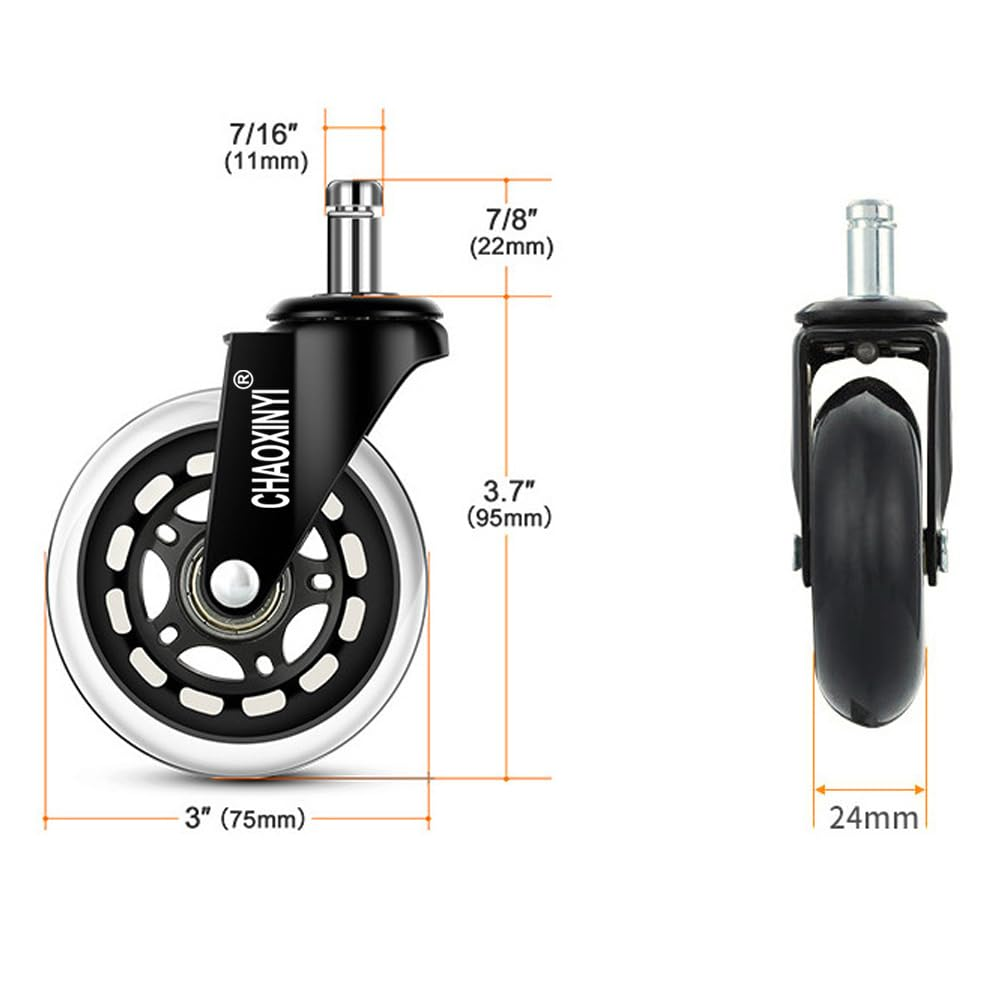 Office Chair Wheels (Set of 5) &ndash; 3" Heavy-Duty Replacement Casters for Hardwood & Carpet &ndash; Silent Rollerblade Wheels, 7/16" X 7/8" Stem, Black &ndash; Universal Fit for Ergonomic Chairs (Black A) image number 3