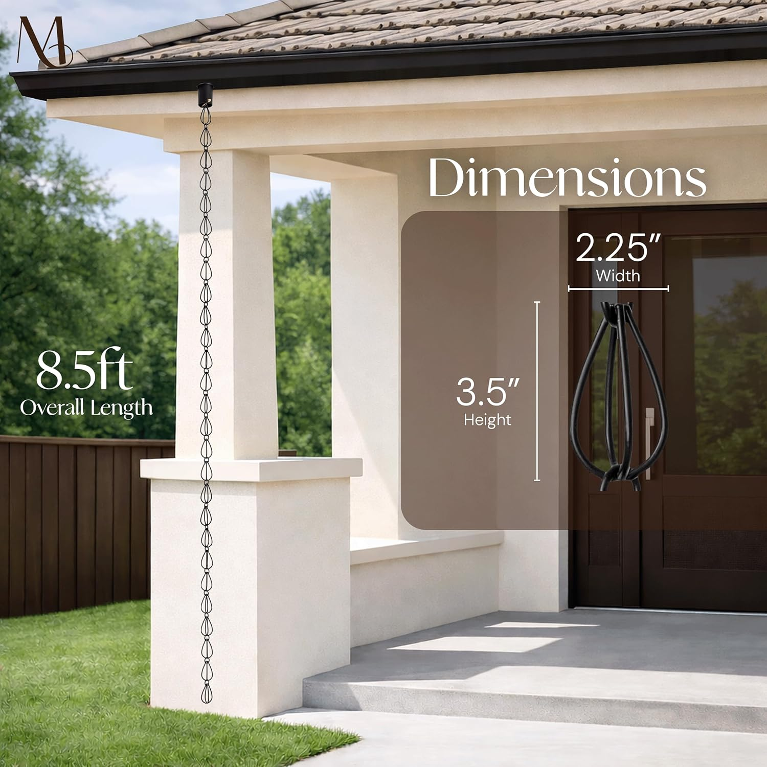 Monarch Rain Chains 17055 Aluminum Teardrop Rain Chain, 8-1/2 Feet Length Replacement Downspout for Gutters, Black Powder Coated image number 4