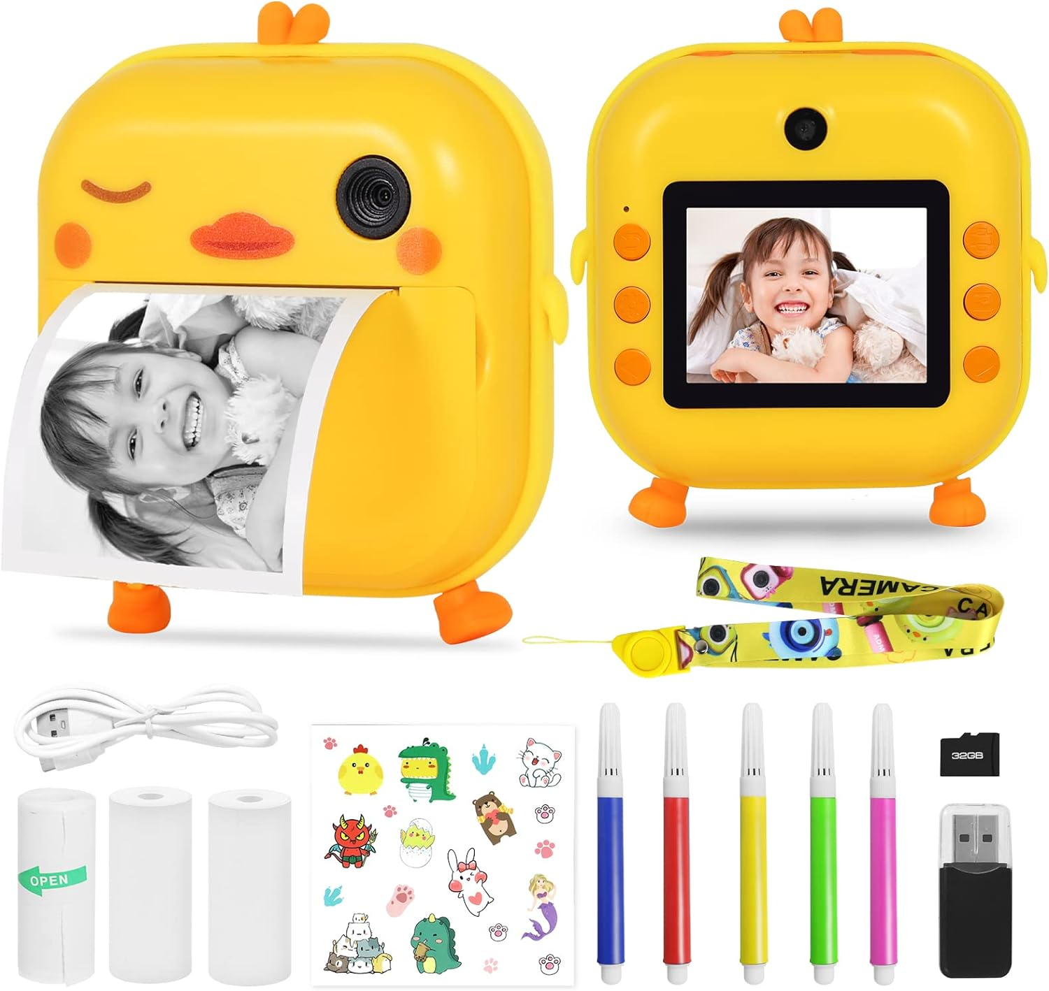 AURTEC Instant Camera for Kids, Mini Thermal Printing Camera, No Ink Required, 48MP Dual Camera,1080P HD Video, 32G TF Card, 3 Print Paper, 2.4 Inch Color Screen, Cute Animal Cartoon Design, Duck image number 4