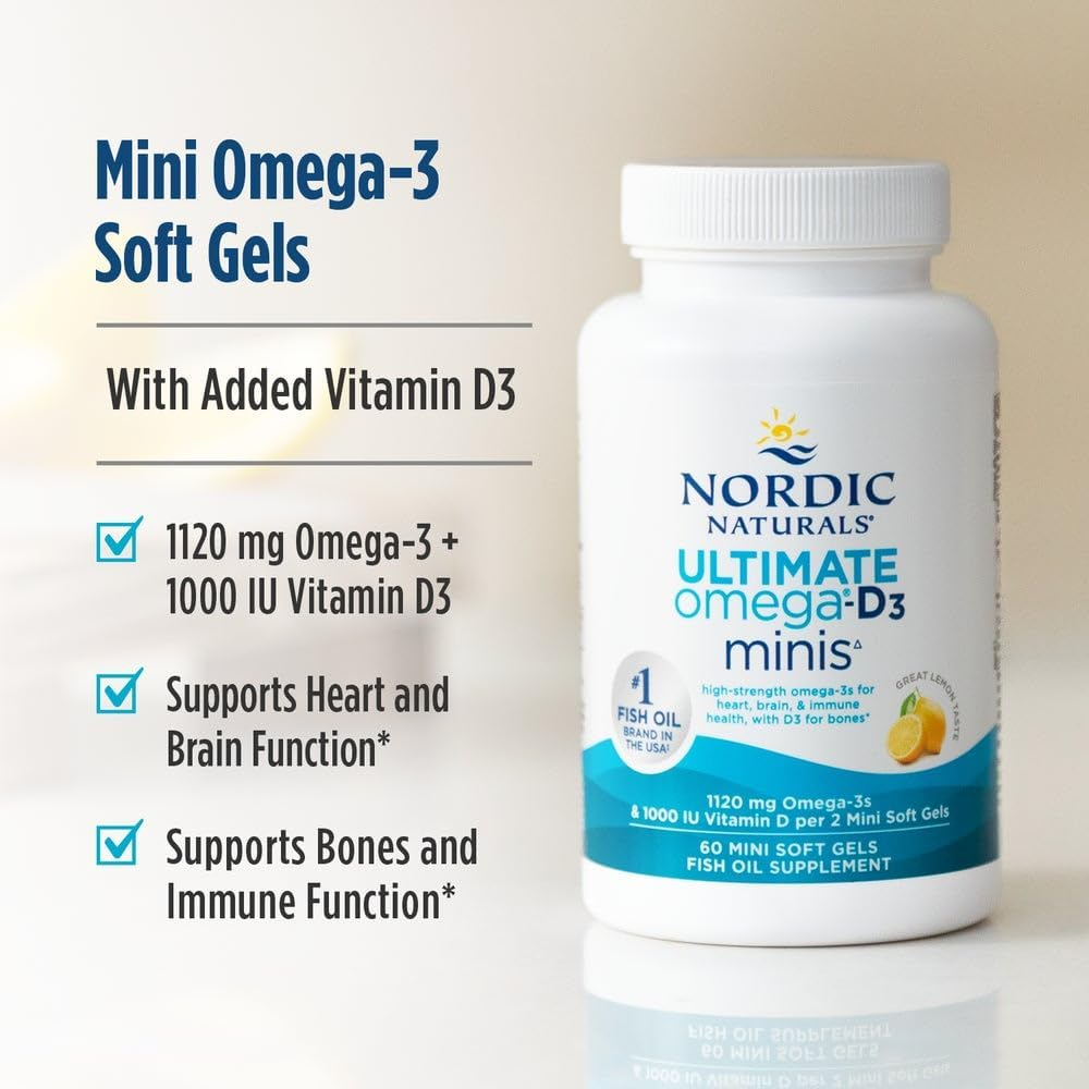 Nordic Naturals Ultimate Omega 2X Mini D3, Lemon Flavor - 1120 Mg Omega-3 + 1000 IU Vitamin D3-60 Mini Soft Gels - Omega-3 Fish Oil - EPA & DHA - Promotes Brain & Heart Health - 30 Servings image number 5