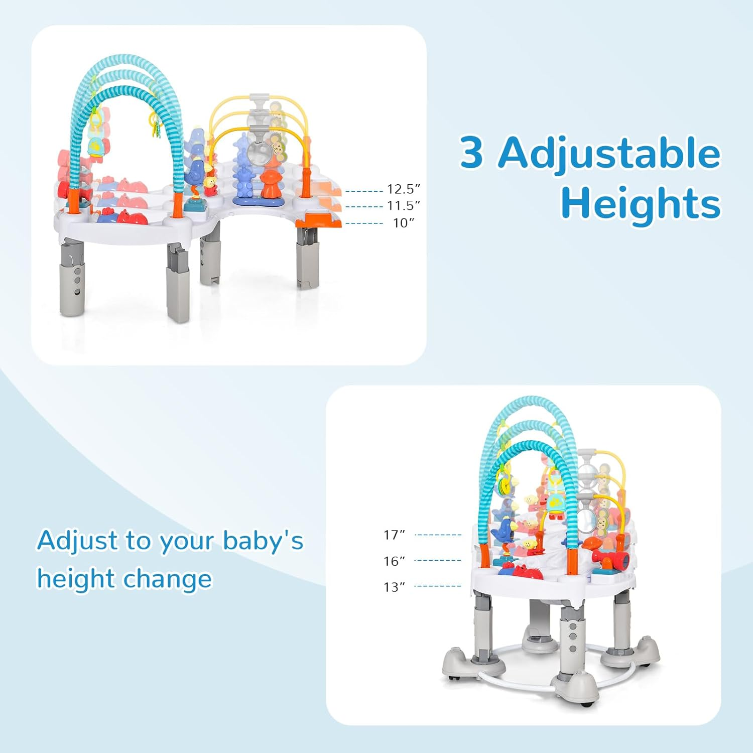 INFANS Baby Bouncer Activity Center, 5 in 1 Toddler Bouncing Activity Saucer Playtime Mat Activity Table with 360&deg;Rotating Seat, 3 Adjustable Height, Foldable Exersaucer Learning Walker (Light Grey) - Light Pink image number 7