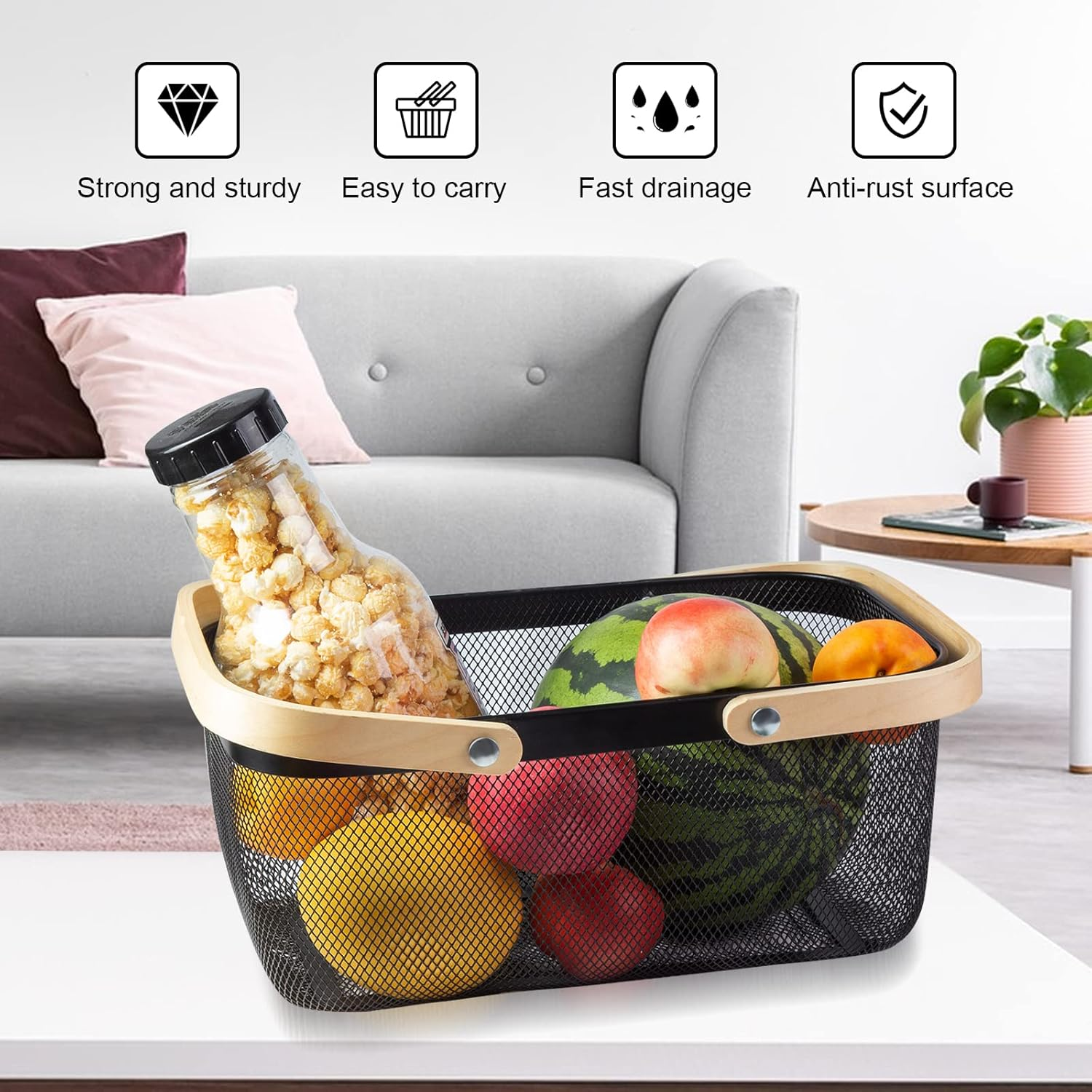 Portable Garden Harvest Basket-Mesh Design Natural Bamboo Handle Wire Storage Baskets,Mesh Basket with Handle Organize Items Reduce Space Occupation,Suitable for Kitchen,Garden,Picnic(Black) - White image number 5