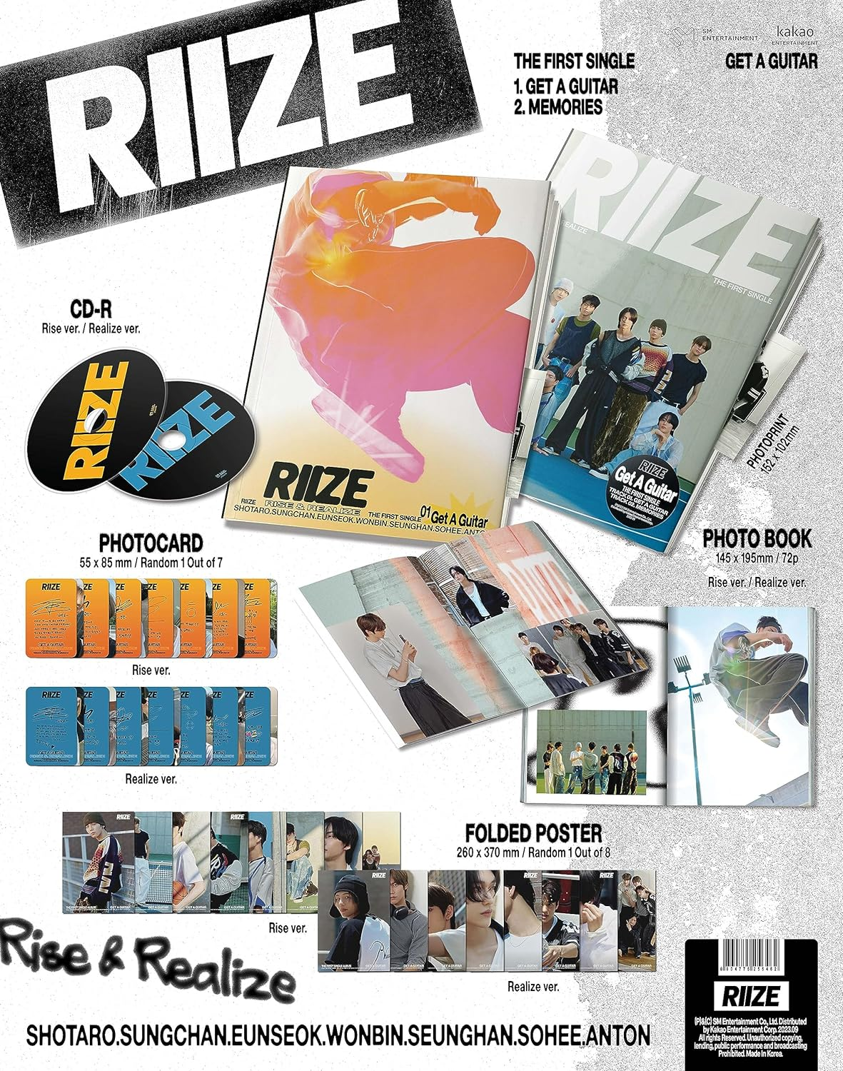 RIIZE GET a GUITAR 1St Single Album Random Version Cd+1P Folded Poster on Pack+72P Photobook+1P Photocard+1P Photo Print+Tracking Sealed image number 1