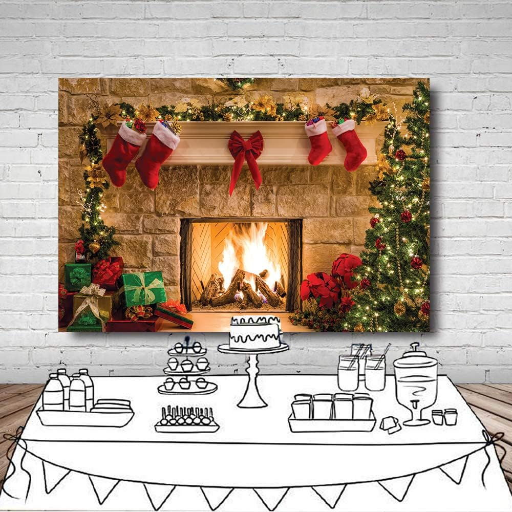 LYWYGG 10X8Ft Christmas Background Fireplace Background Christmas Trees Background Christmas Dinner Background Fabric Family Party Decorations Eve Fireplace Photography Background CP-282-1008 image number 2