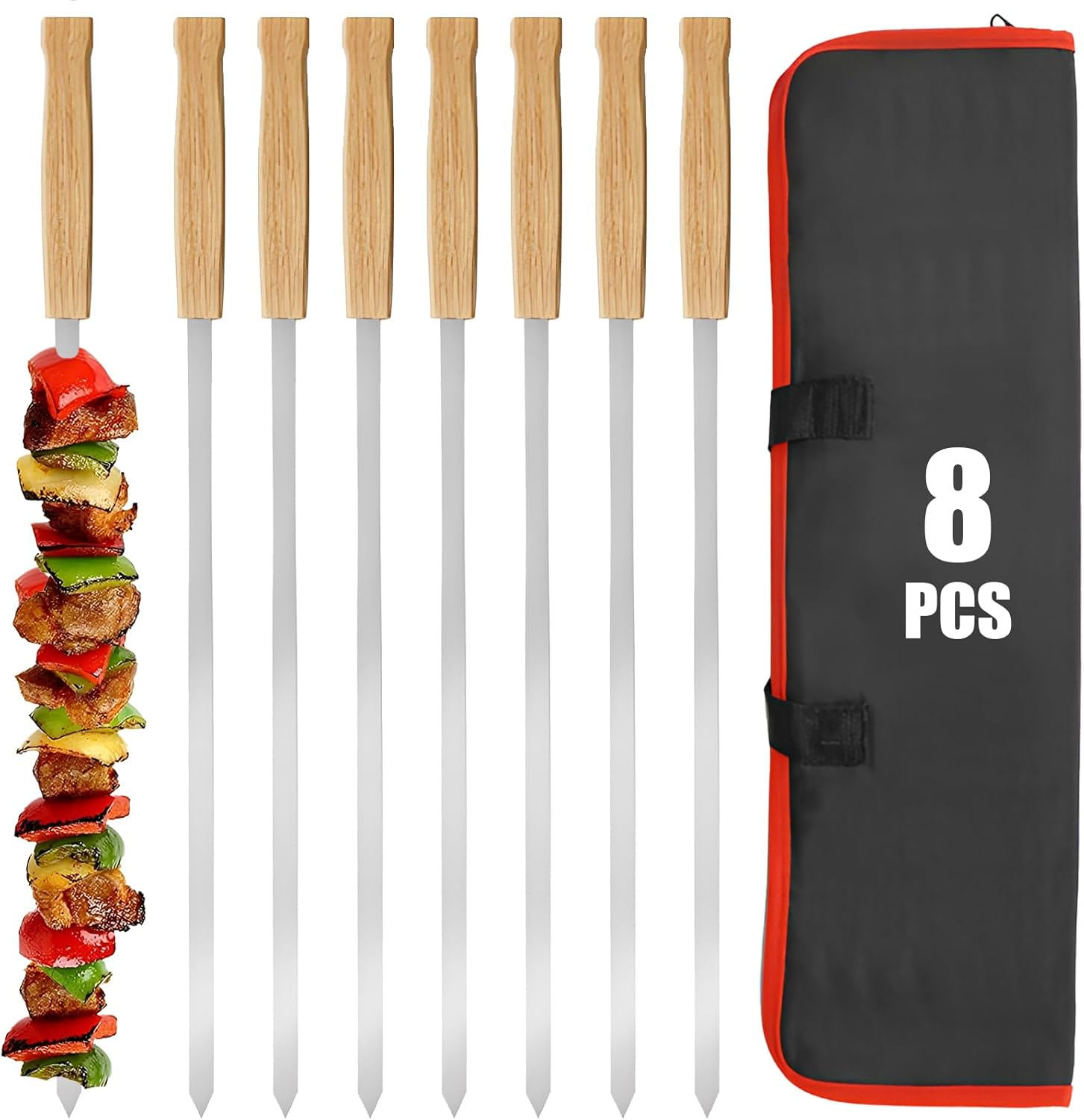 Professional Kabob Skewers, 23 Inch Heavy Duty Large Wide Reusable BBQ Barbecue Skewers, Stainless Steel Sticks with Nonslip Wooden (Flat-12 Pcs)