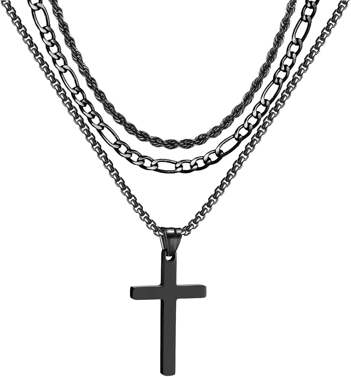 3Pcs Set Cross Necklace for Men, Mens Cross Necklace Cross Chain Layered Stainless Steel Rope Figaro Chains for Women Boys Gold Silver Black (20Inch/22Inch)