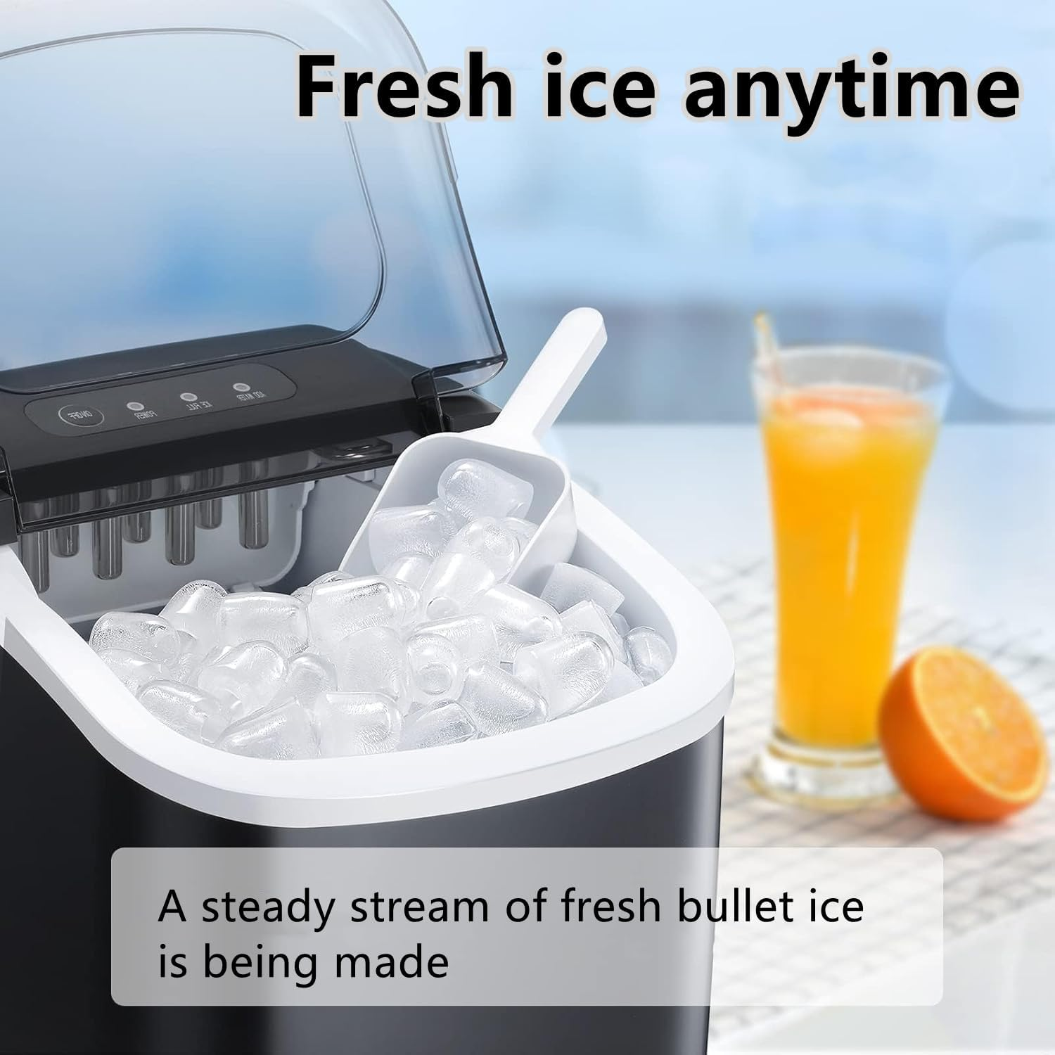 Ice Maker for Countertop, 1.2L 12KG Stainless Steel Portable Icemaker Cube Makers, 26Lbs Ice/24Hrs, with Self-Cleaning Feature, Ice Spoon and Basket, for Home, Kitchen, Camping, Party (Black) image number 5