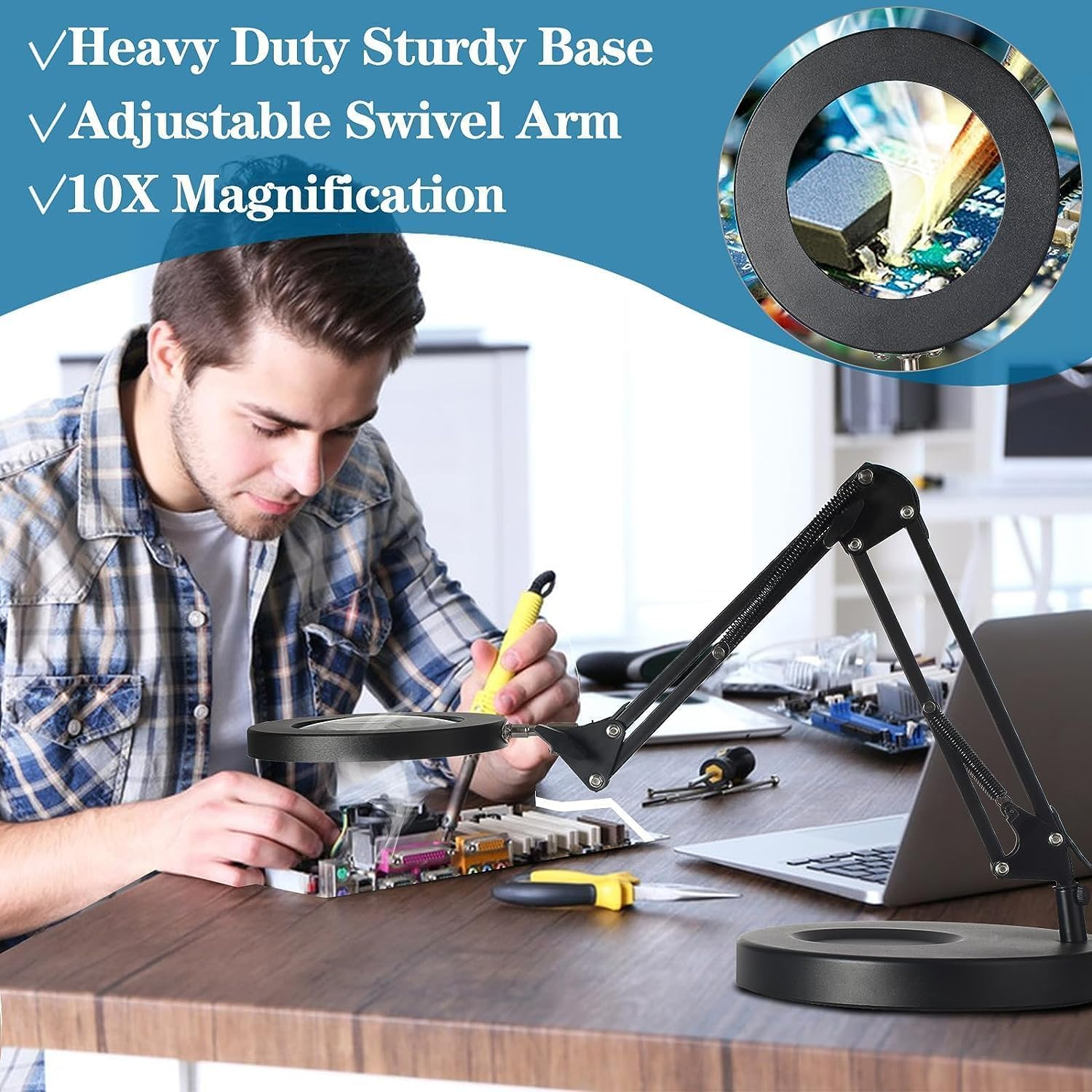 Magnifying Glass with Light and Stand, 2-In-1 LED Lighted Desk Lamp & Clamp，3 Color-Changing & 10-Level Dimmable, Ideal for Hobby Crafts and Workplace Lighting image number 1