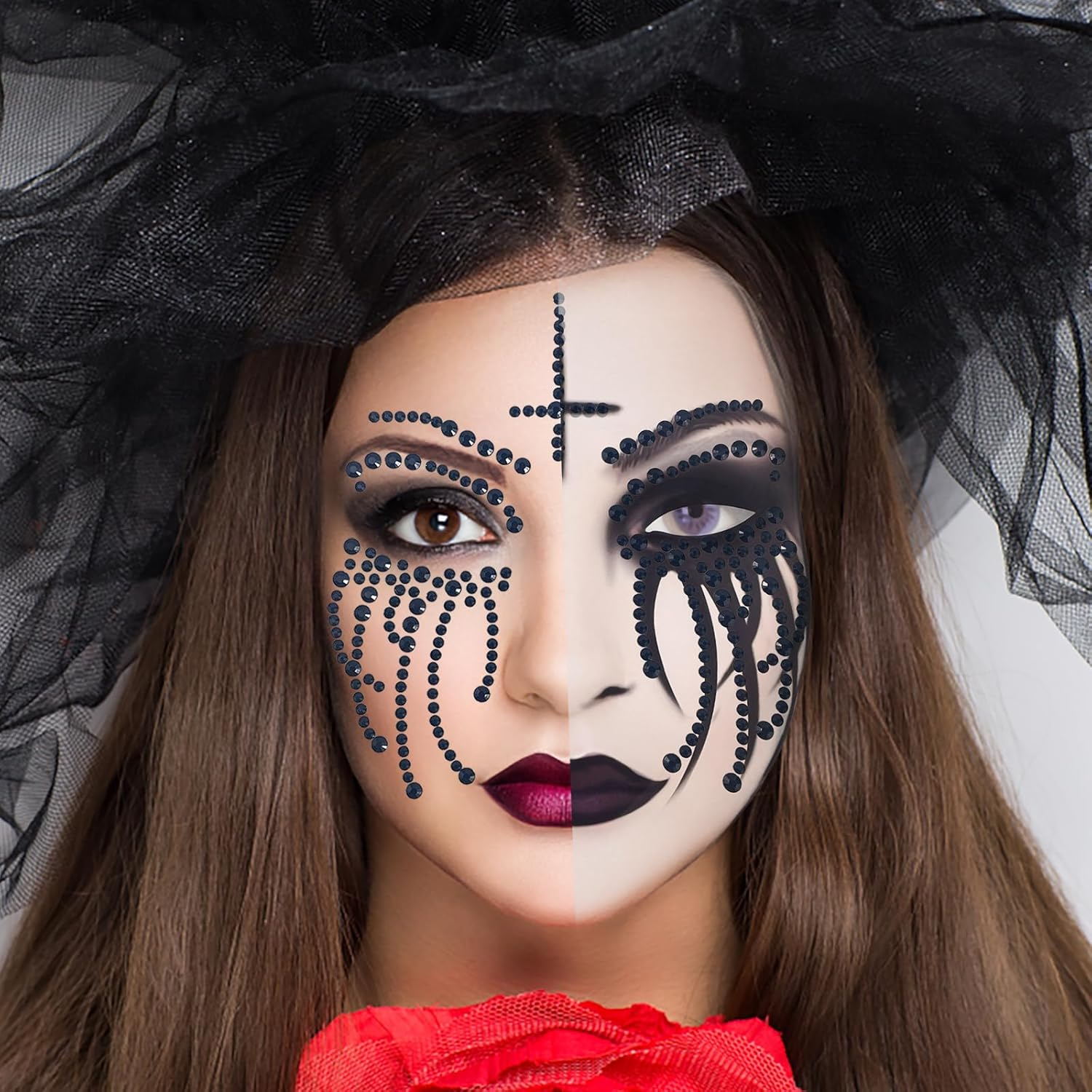 2 Pack Halloween Face Gems Jewels Clown Face Sticker Nun Makeup Tattoo Scary Temporary Rhinestone Face Tattoo for Halloween Festival Rave Party Make up Accessories image number 6