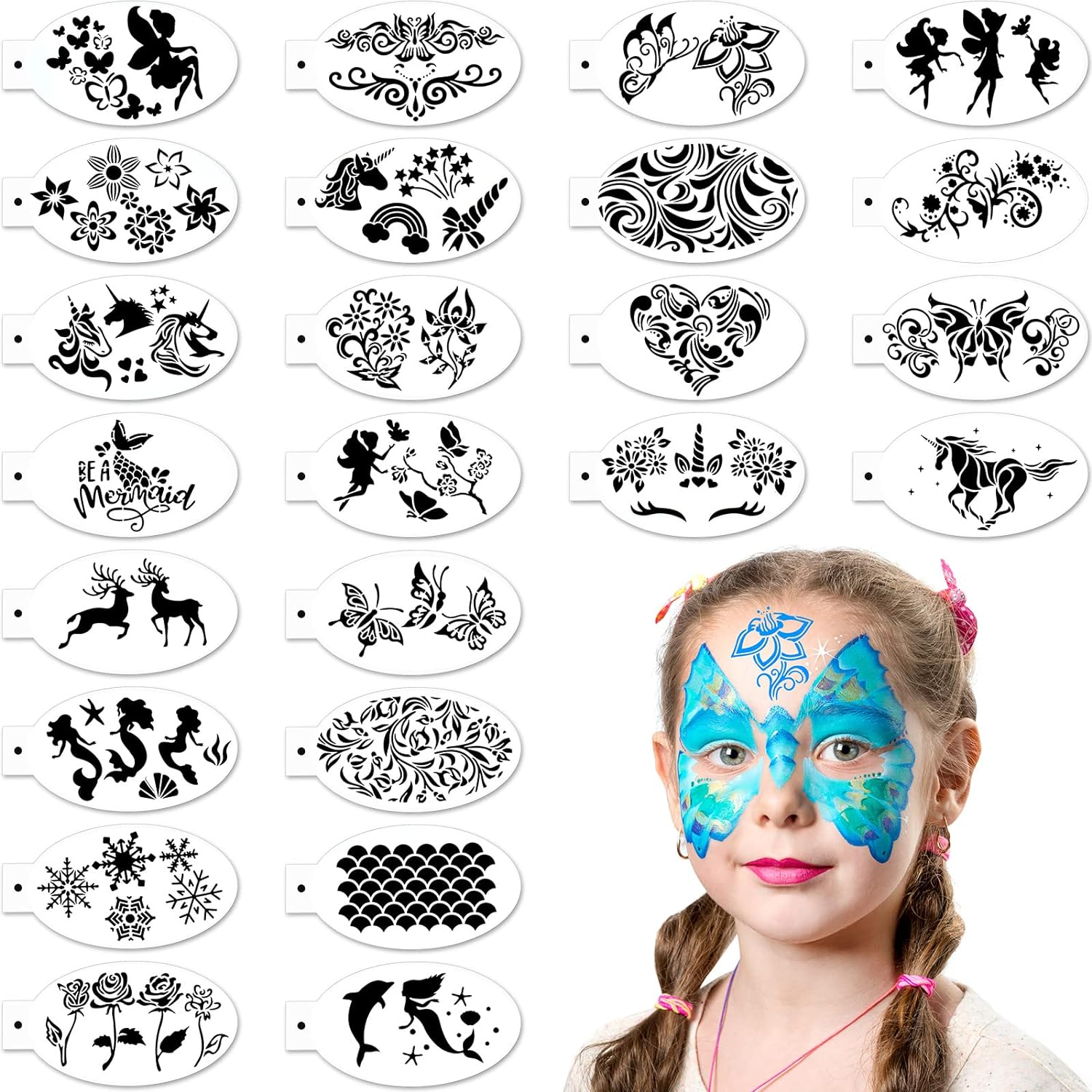 Chinco 24 Pieces Face Paint Stencils Face Body Tattoo Templates Painting Stencils for Kids Holiday Halloween Makeup Body Art Tattoos(Graceful Style) image number 3