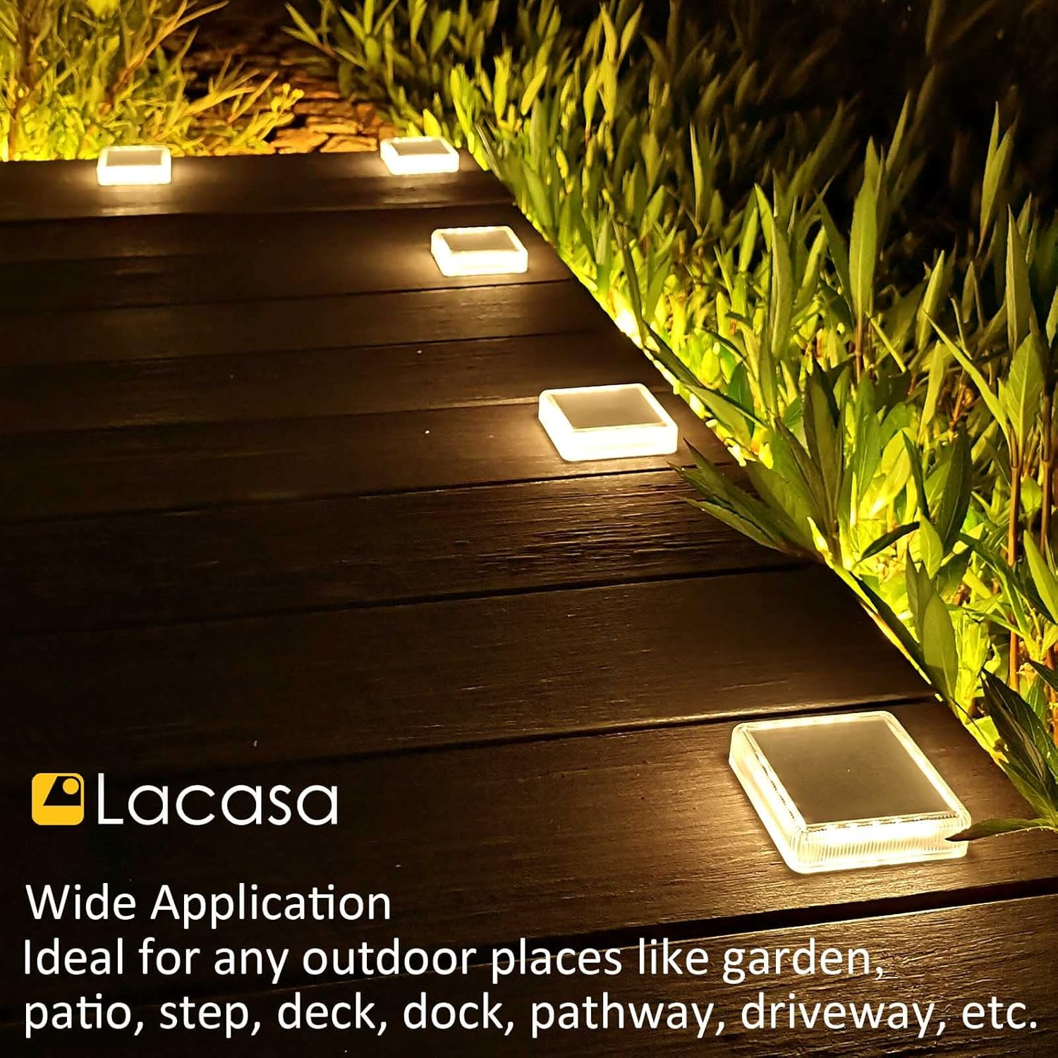 Lacasa 4-Pack Solar Deck Lights Outdoor Waterproof LED, Garden Step Lights Solar Powered Driveway Dock Lights Marine, Dusk to Dawn Lighting for Yard Patio Pathway, Square, Warm White