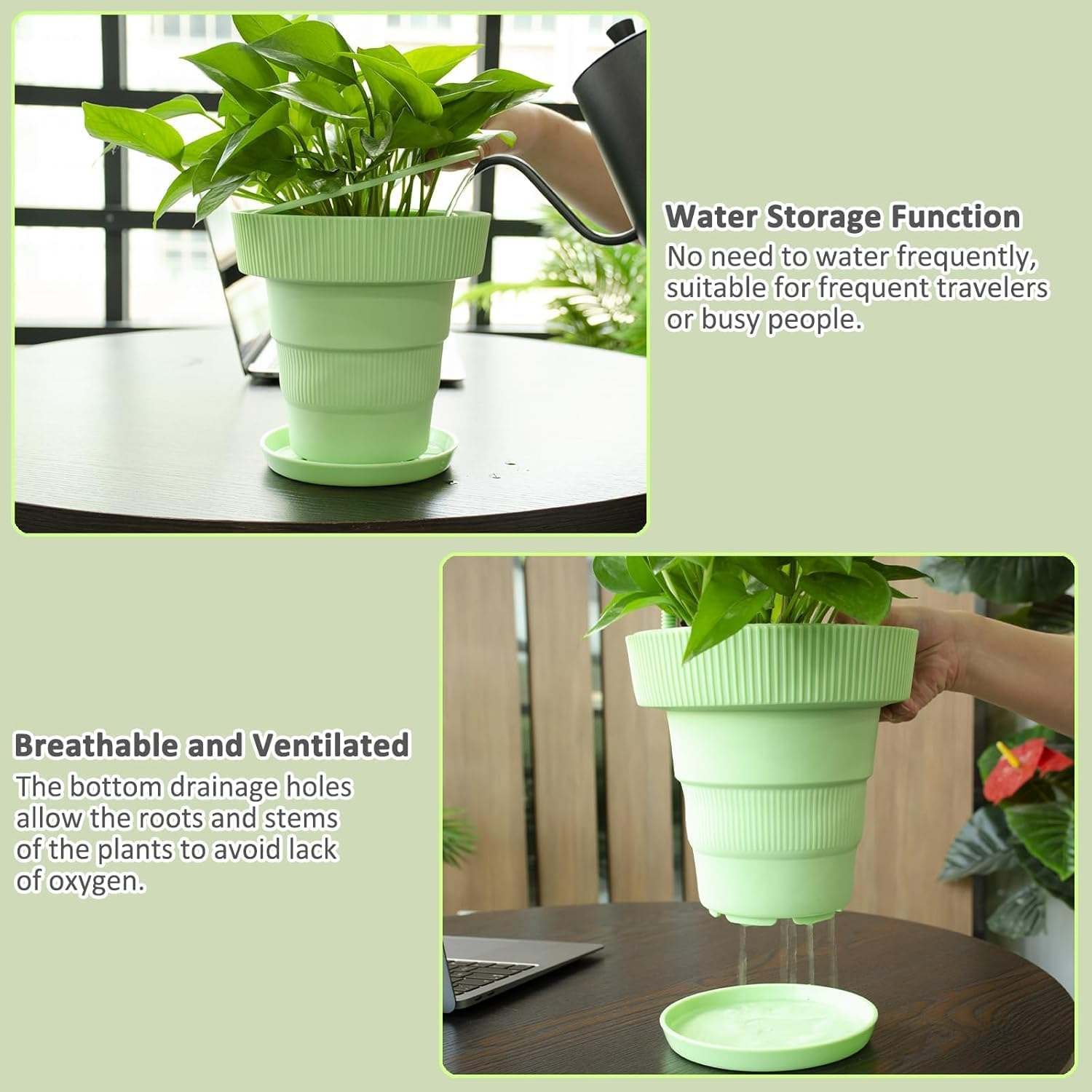 Self-Watering Indoor Plant Pots &ndash; Foldable Silicone Flower Pots with Drainage Holes and Saucers, Ideal for Home and Office Decor (Green) image number 4