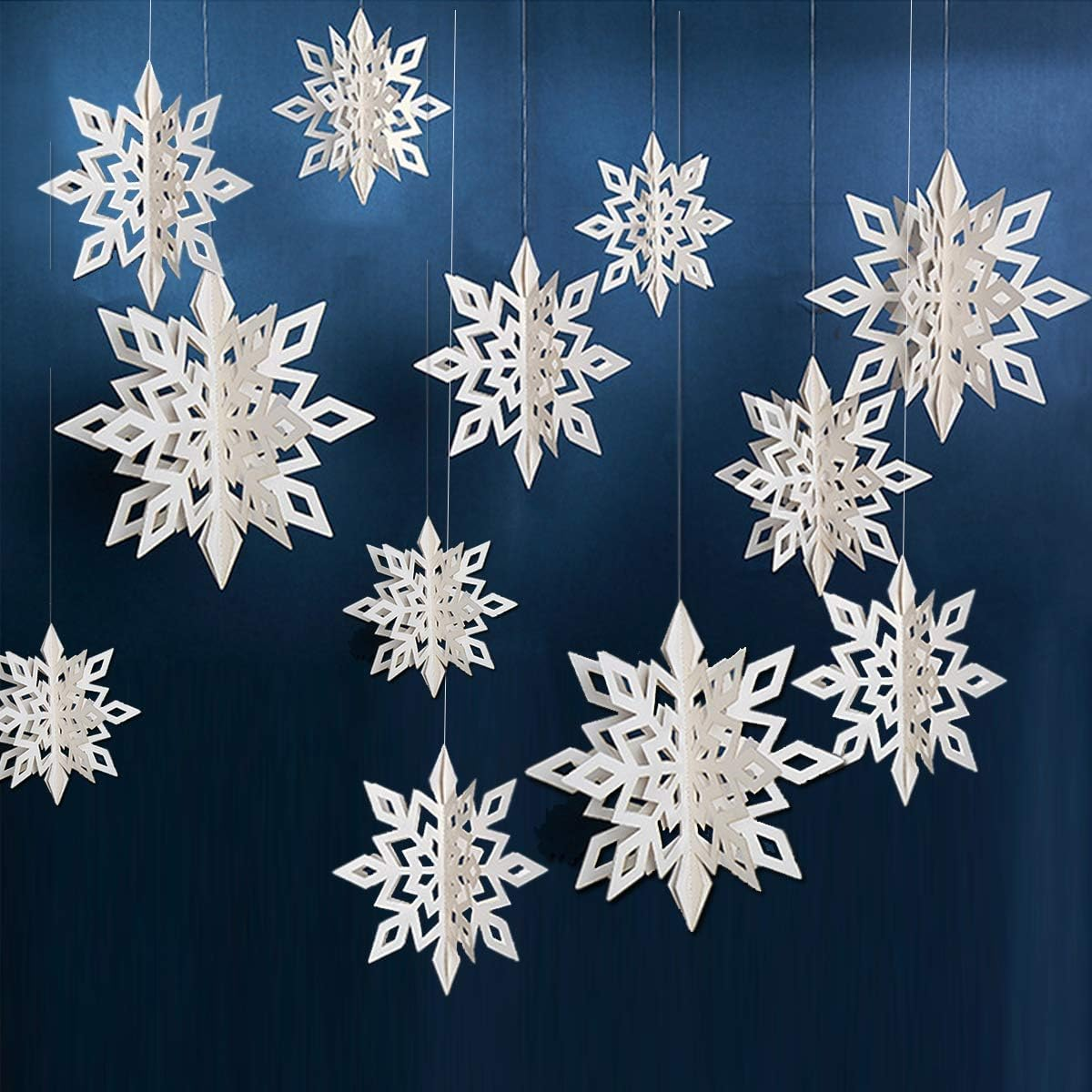 Winter Christmas Hanging Snowflake Decorations - 12PCS 3D Large White Snowflakes & 12PCS Paper Snowflakes Hanging Garland for Christmas Winter Wonderland Holiday New Year Party Home Decoration - White image number 4
