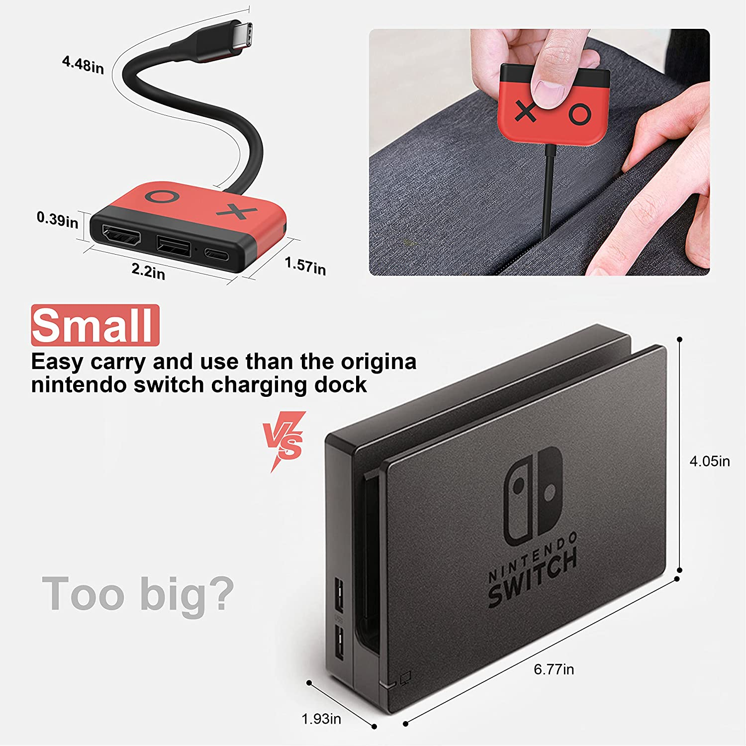 Switch Dock,Protable Nintendo Switch TV Dock,4K HDMI TV Adapter with USB3.0,65W PD Charging,Compatible with Nintendo Switch Steam Deck Macbook Pro/Air Samsung and More image number 4