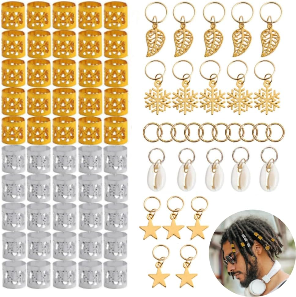 7 Styles Hair Jewelry Beads,80Pcs Dreadlocks Beads Metal Cuffs Hair Braid Rings Pendants Braiding Clips Hair Decorations Braids Accessories image number 2