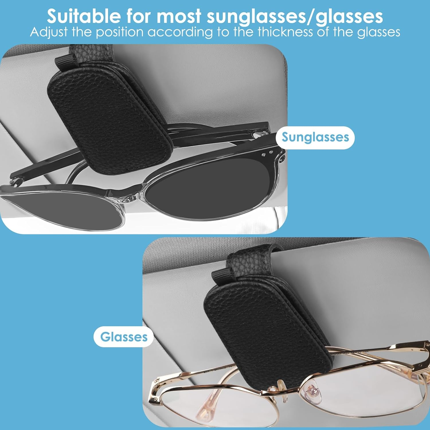 Simpeak 2Packs Sunglass Holders for Car Sun Visor, Magnetic PU Leather Glasses Hanger Clip for Car Sun Visor Car Accessories, Black+Grey image number 1