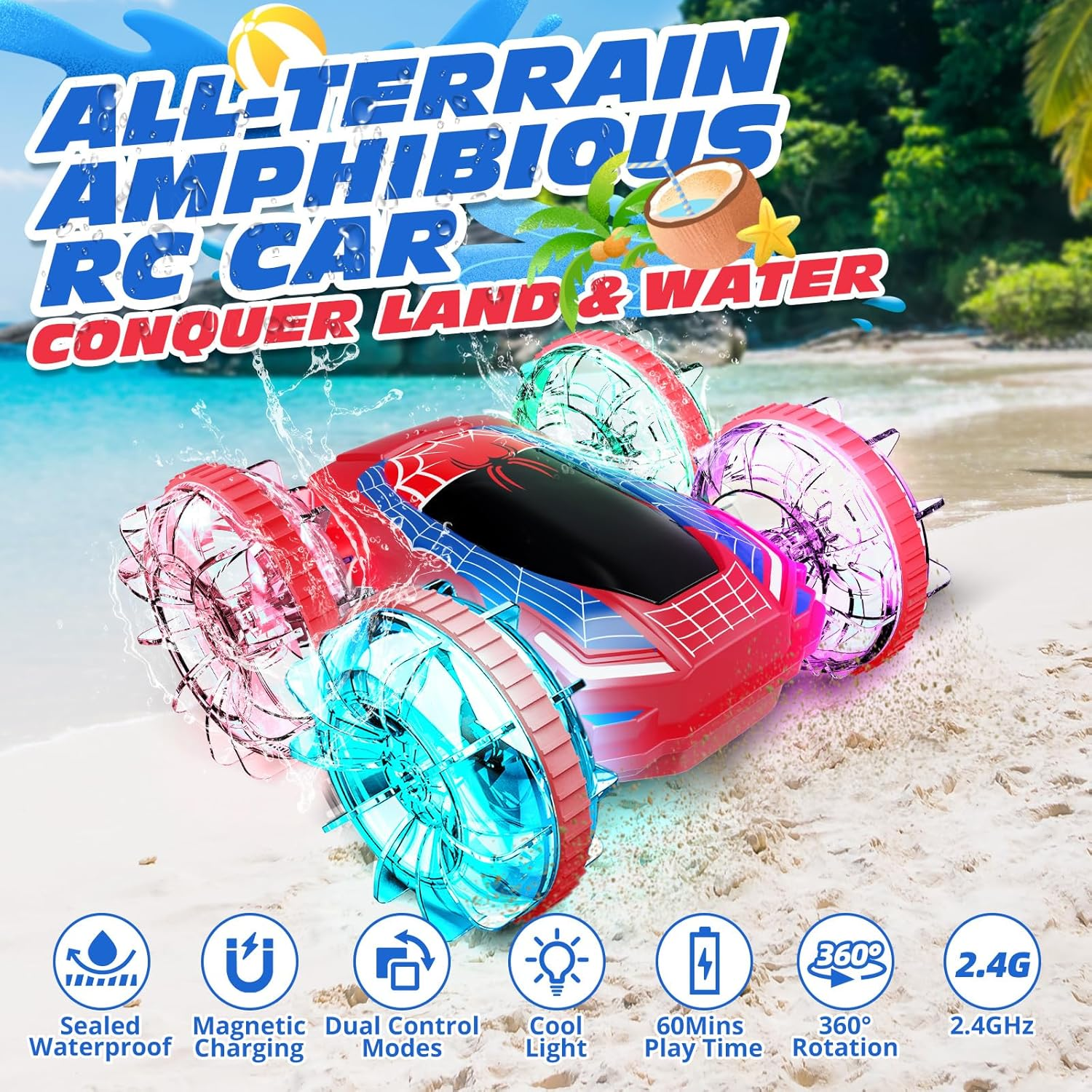 Tecnock Amphibious Remote Control Car Boat, 4WD Gesture RC Cars with Magnetic Charging, 60 Min Playtime, LED Lights, Pool Toys for Kids Ages 6-12, Toys for Boys Girls (Red) image number 3