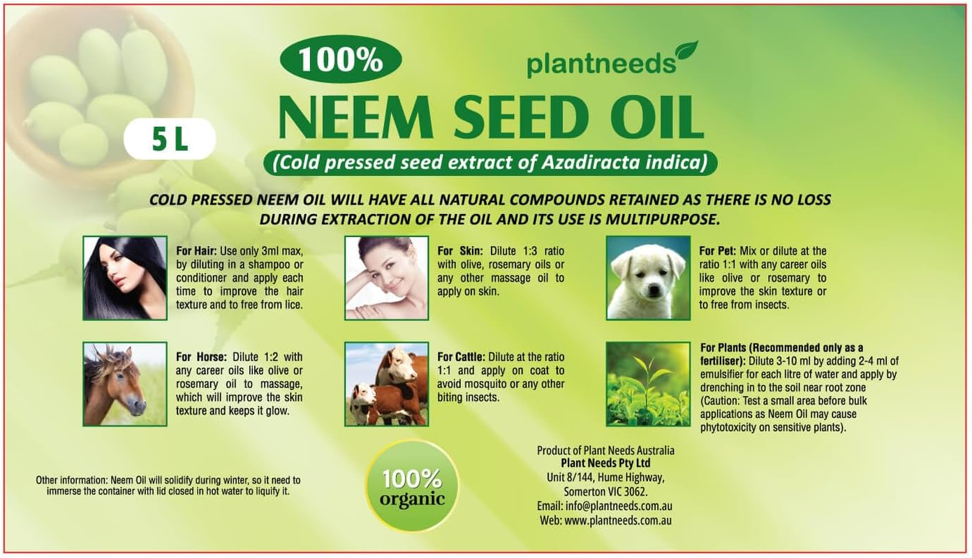 Plant Needs Neem Oil 5 L | 100% Organic Cold Pressed Neem Seed Oil | Multi Purpose Neem Oil for Hair, Skin and Plants | Organic Fertiliser for Plants image number 1