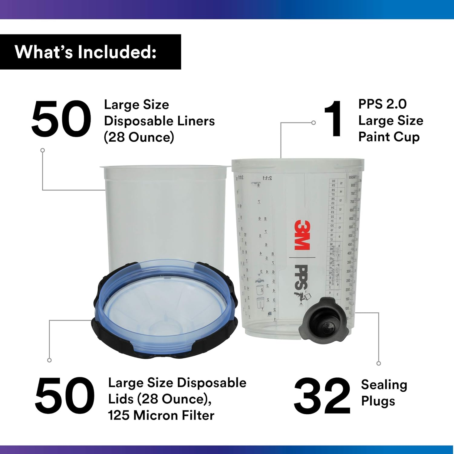 3M PPS 2.0 Spray Gun Cup, Lids and Liners Kit, 26325, Large, 28 Ounces, 125-Micron Filter, Use for Cars, Furniture, House and More, 1 Paint Cup, 50 Disposable Lids and Liners, 32 Sealing Plugs image number 6